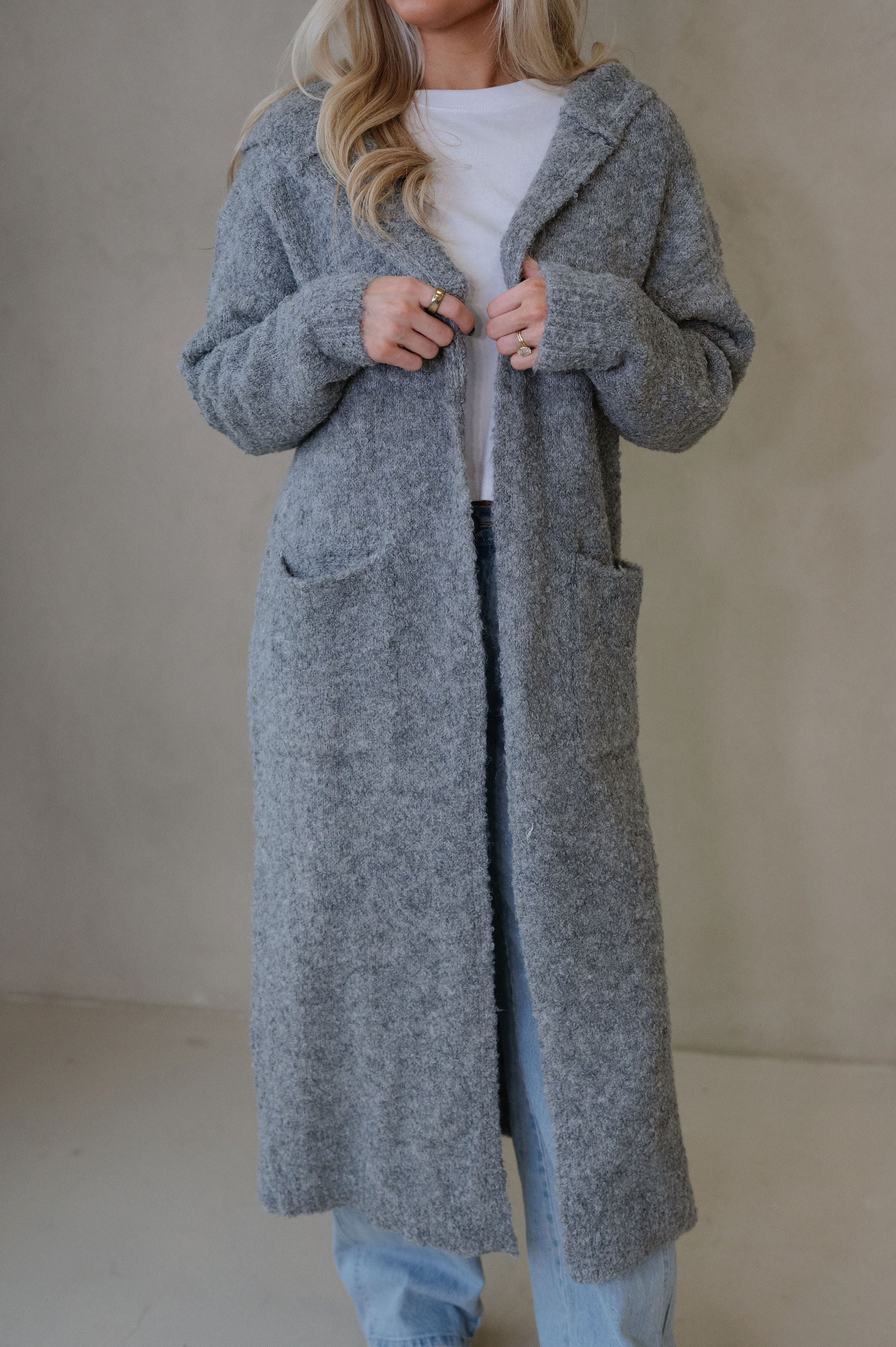 Cozy Knit Long Cardigan-Heather Grey