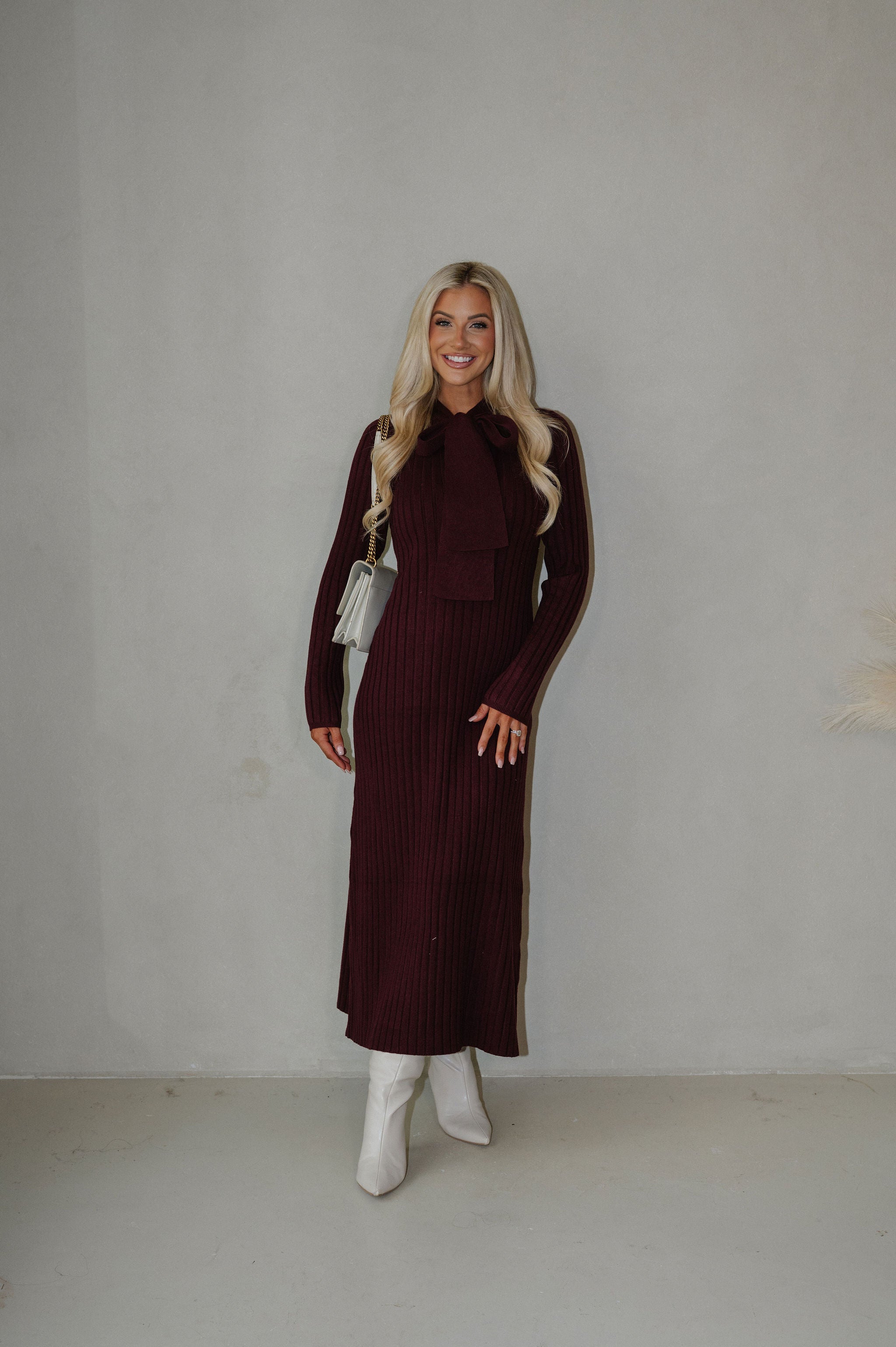 Summit Tie Neck Sweater Dress-Burgundy