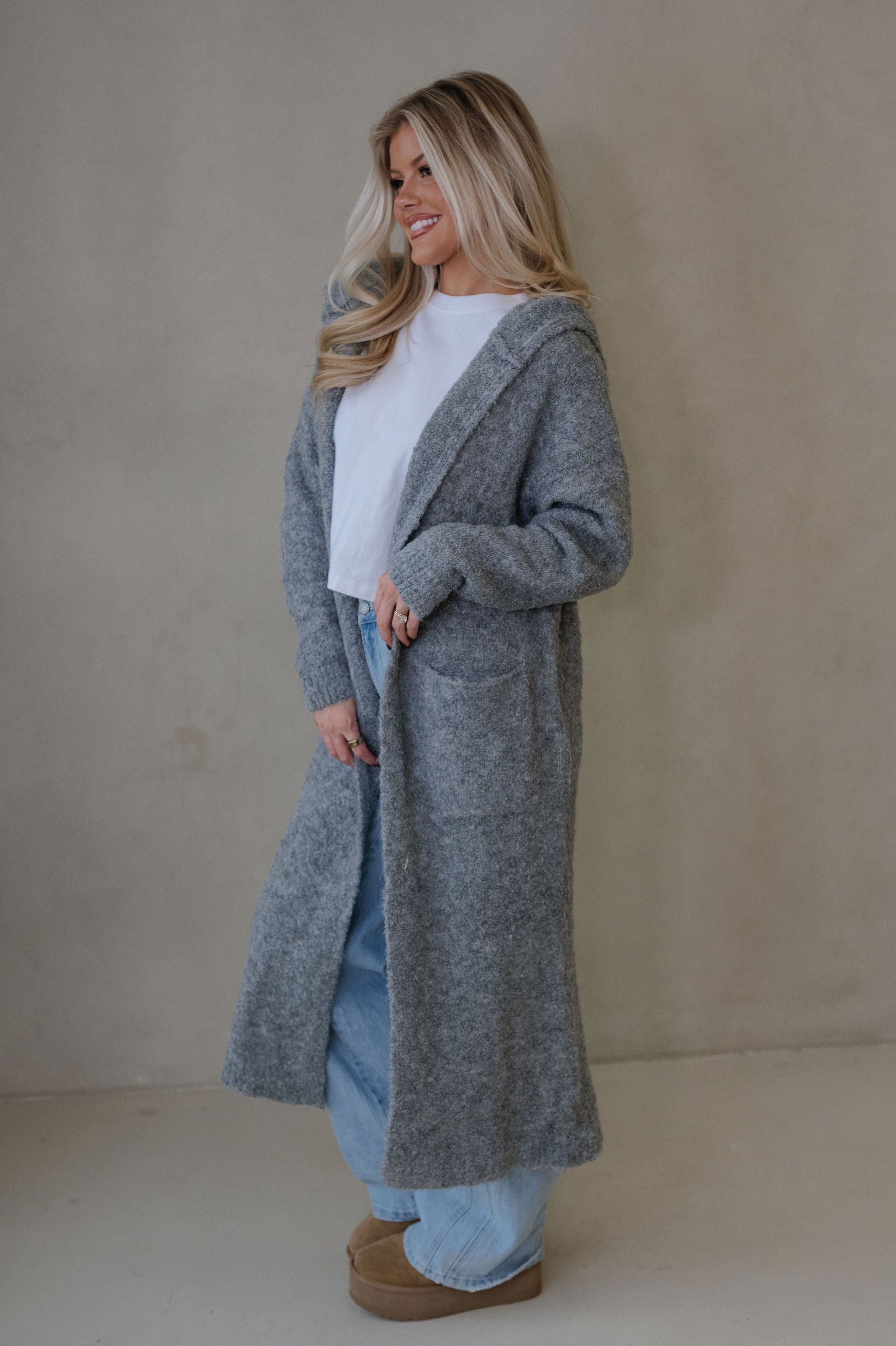 Cozy Knit Long Cardigan-Heather Grey