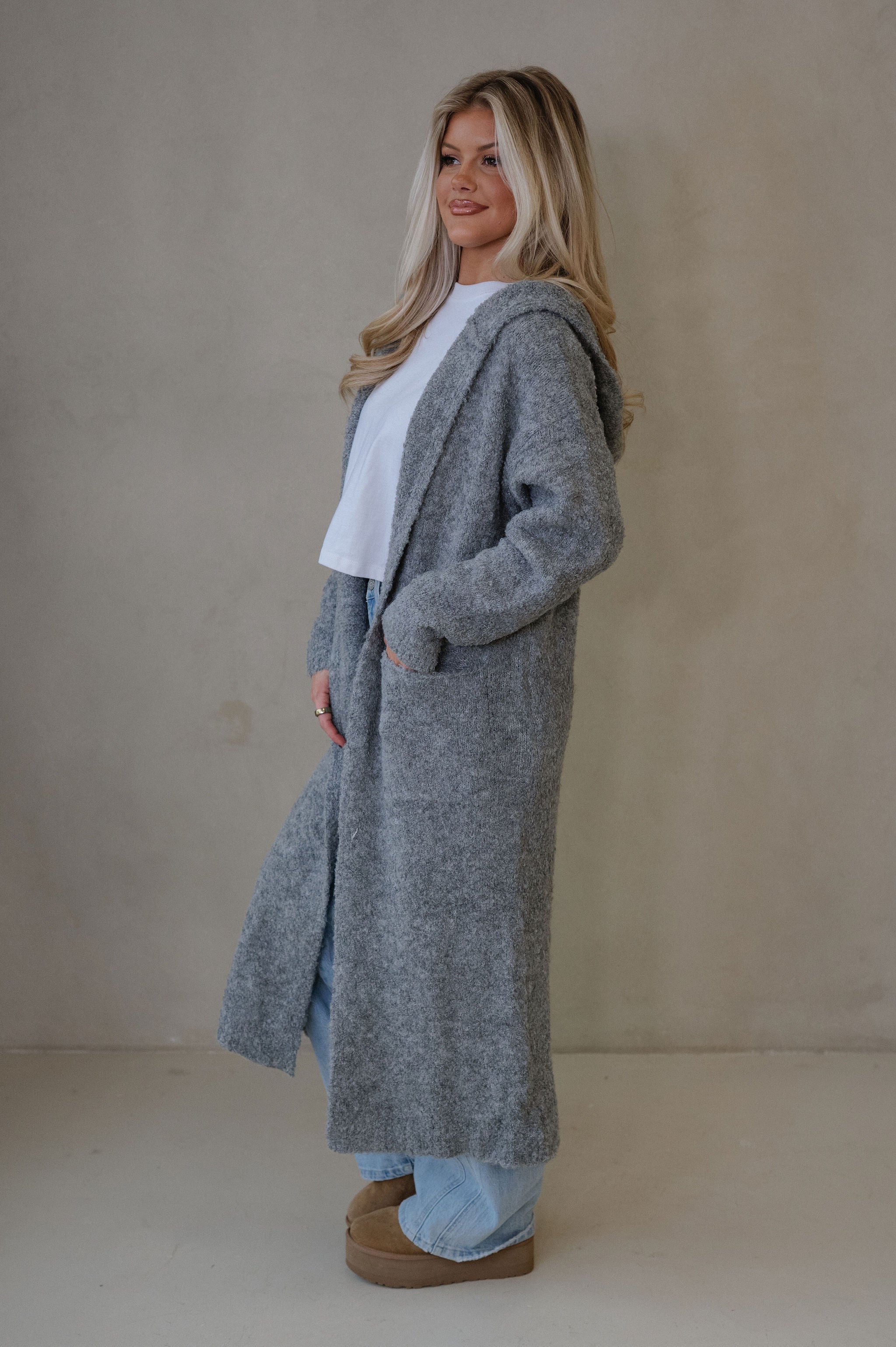 Cozy Knit Long Cardigan-Heather Grey