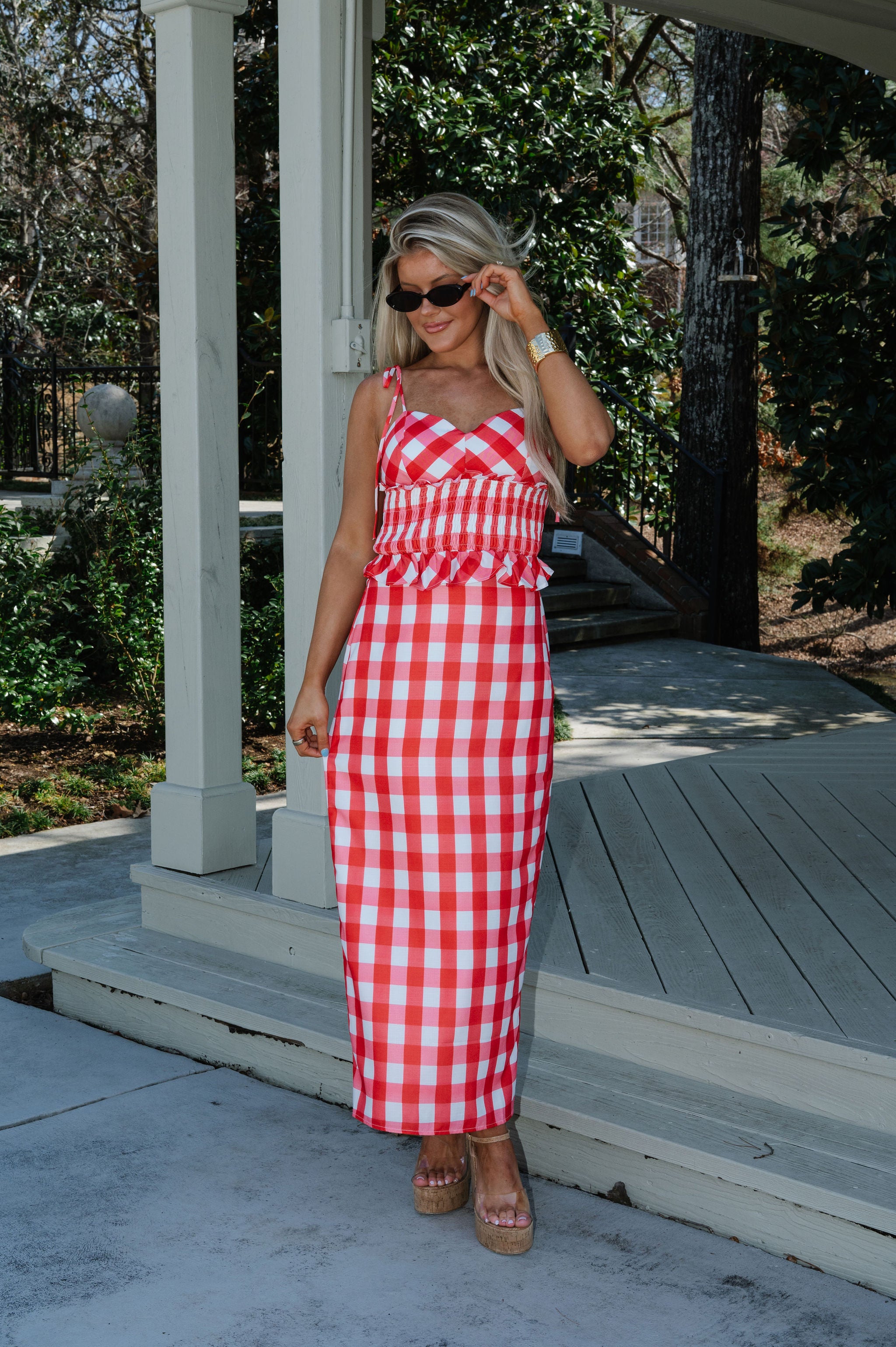 Collier Gingham Skirt Set-Red/White