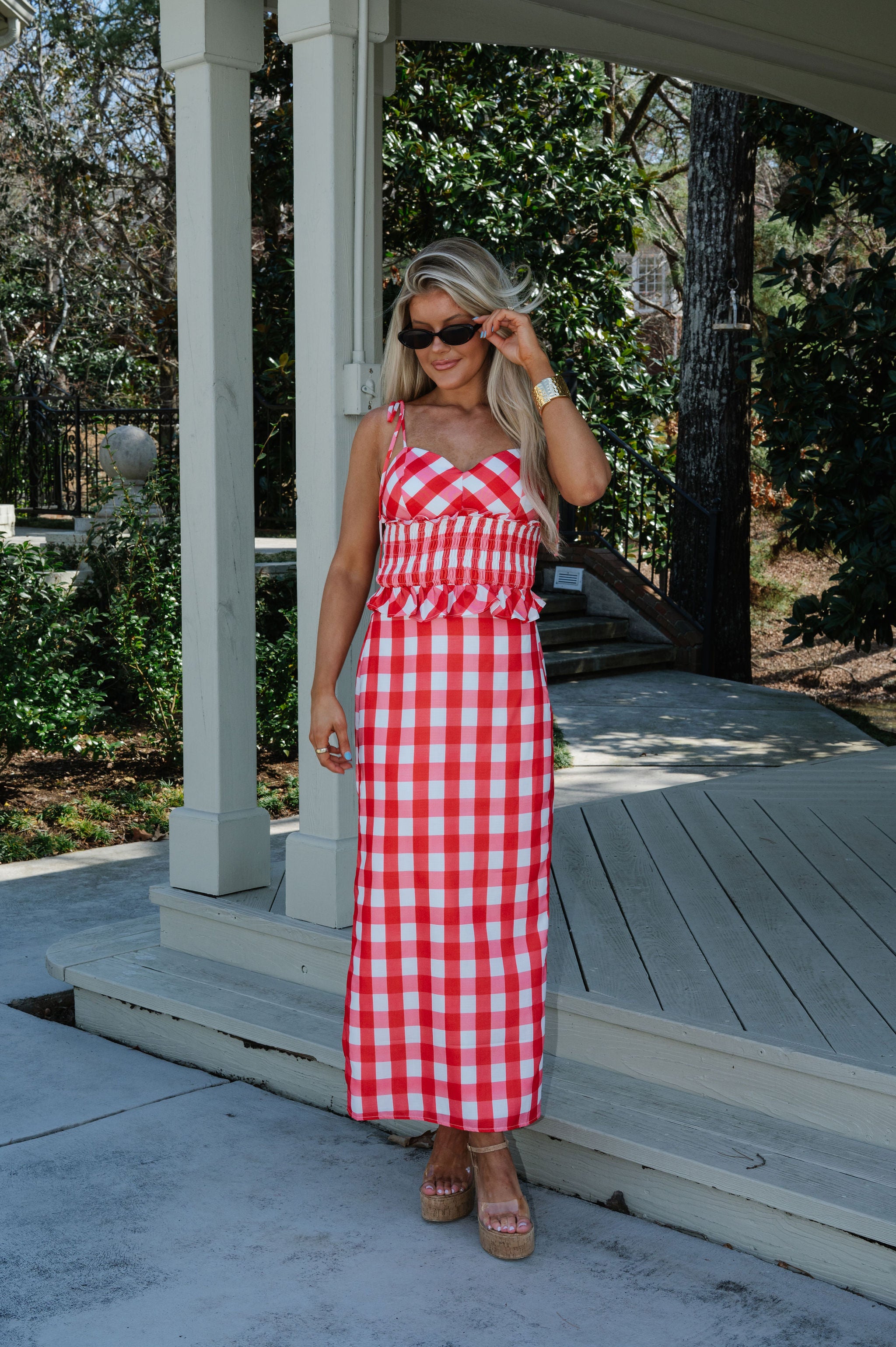 Collier Gingham Skirt Set-Red/White