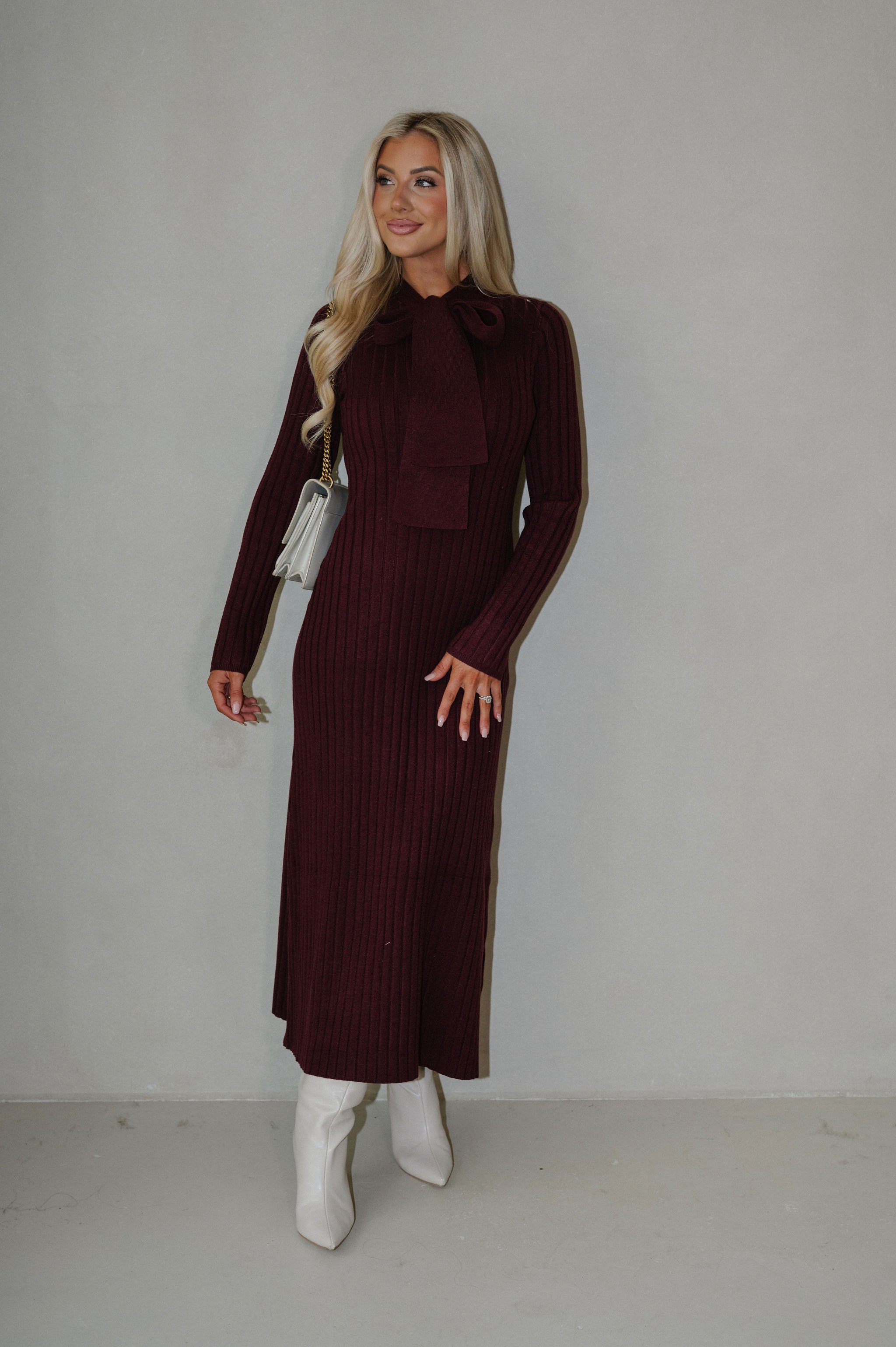Summit Tie Neck Sweater Dress-Burgundy