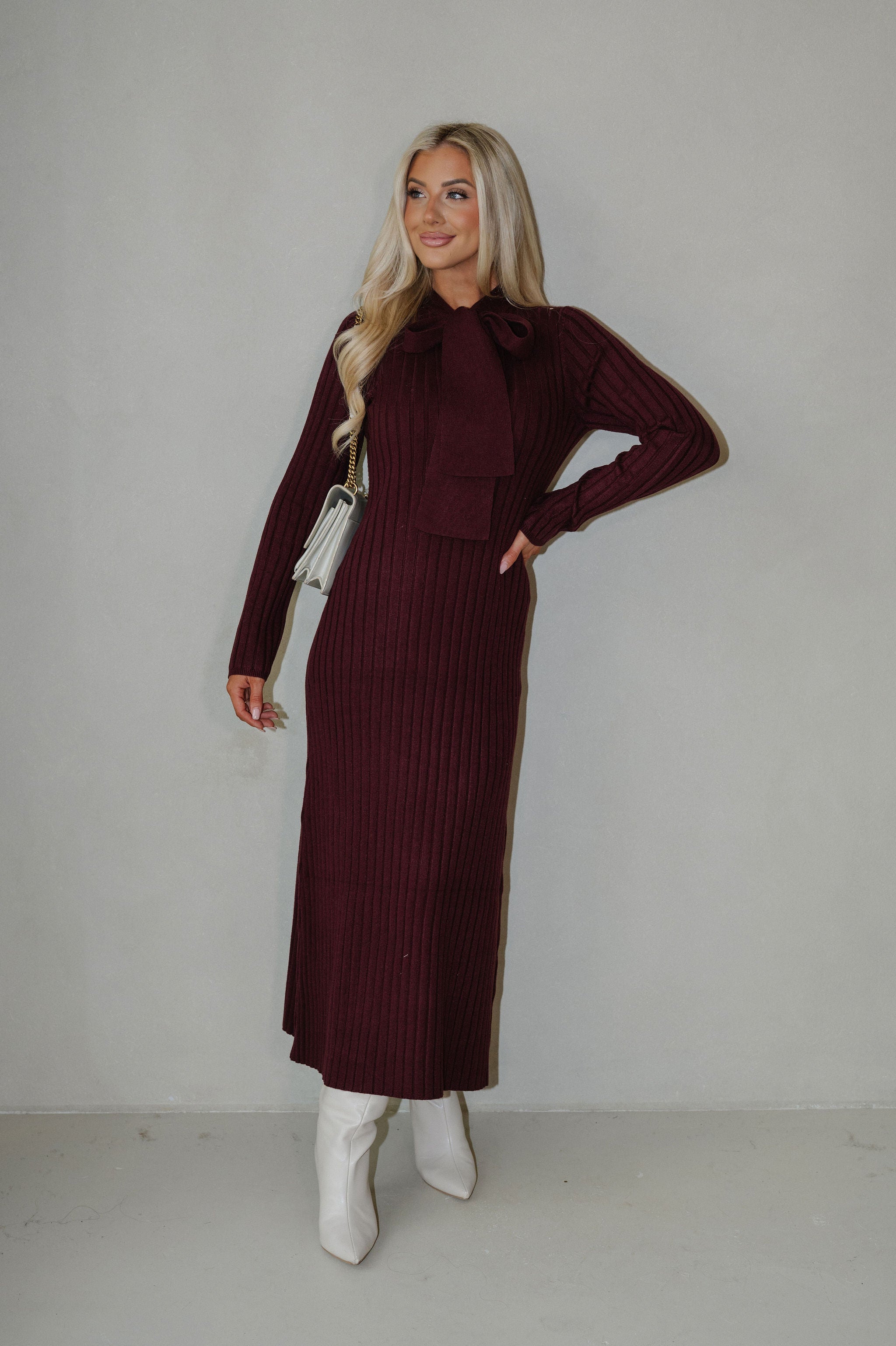Summit Tie Neck Sweater Dress-Burgundy