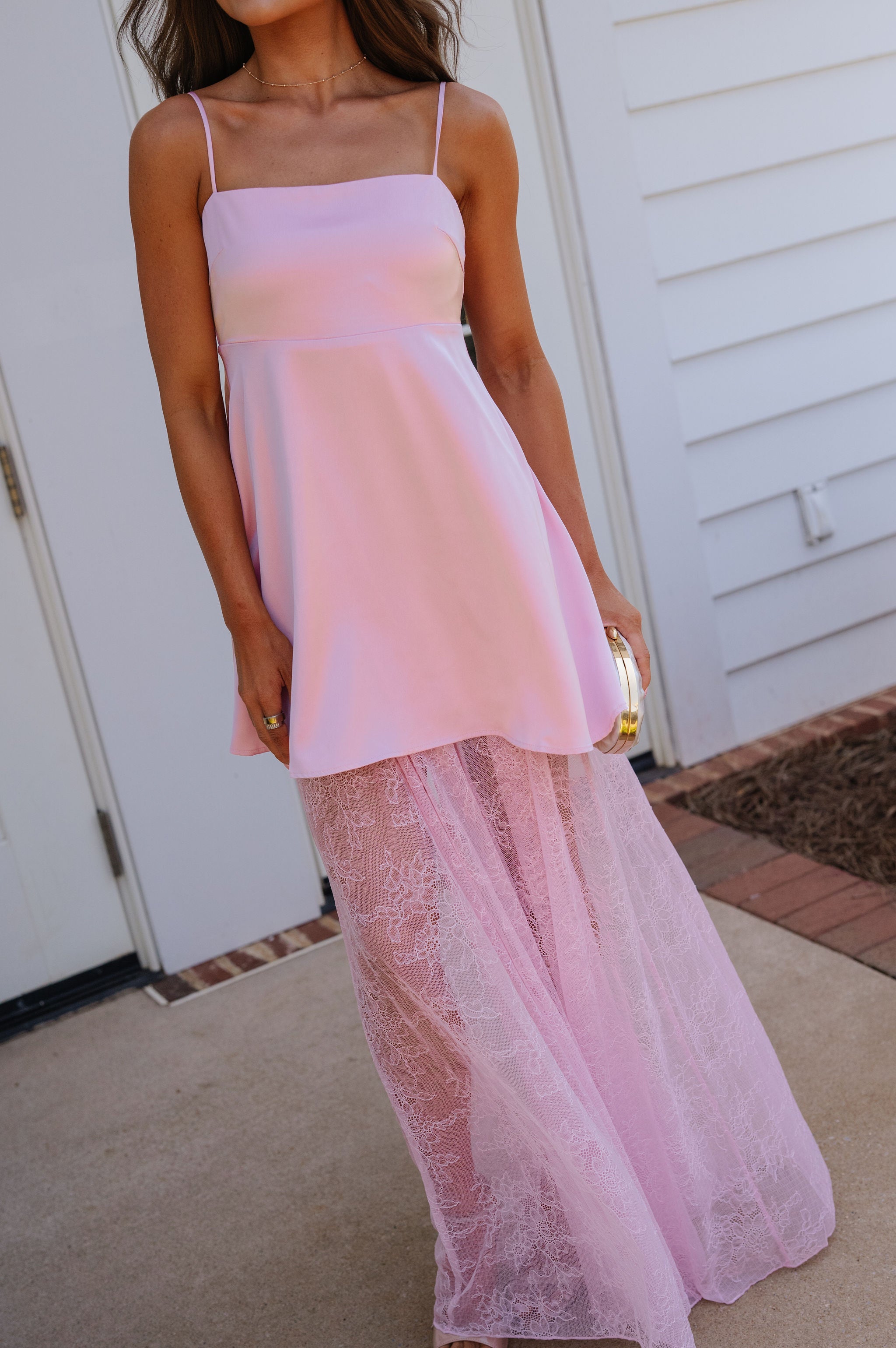Riley Contrast Lace Skirt Satin Maxi Dress-Pink