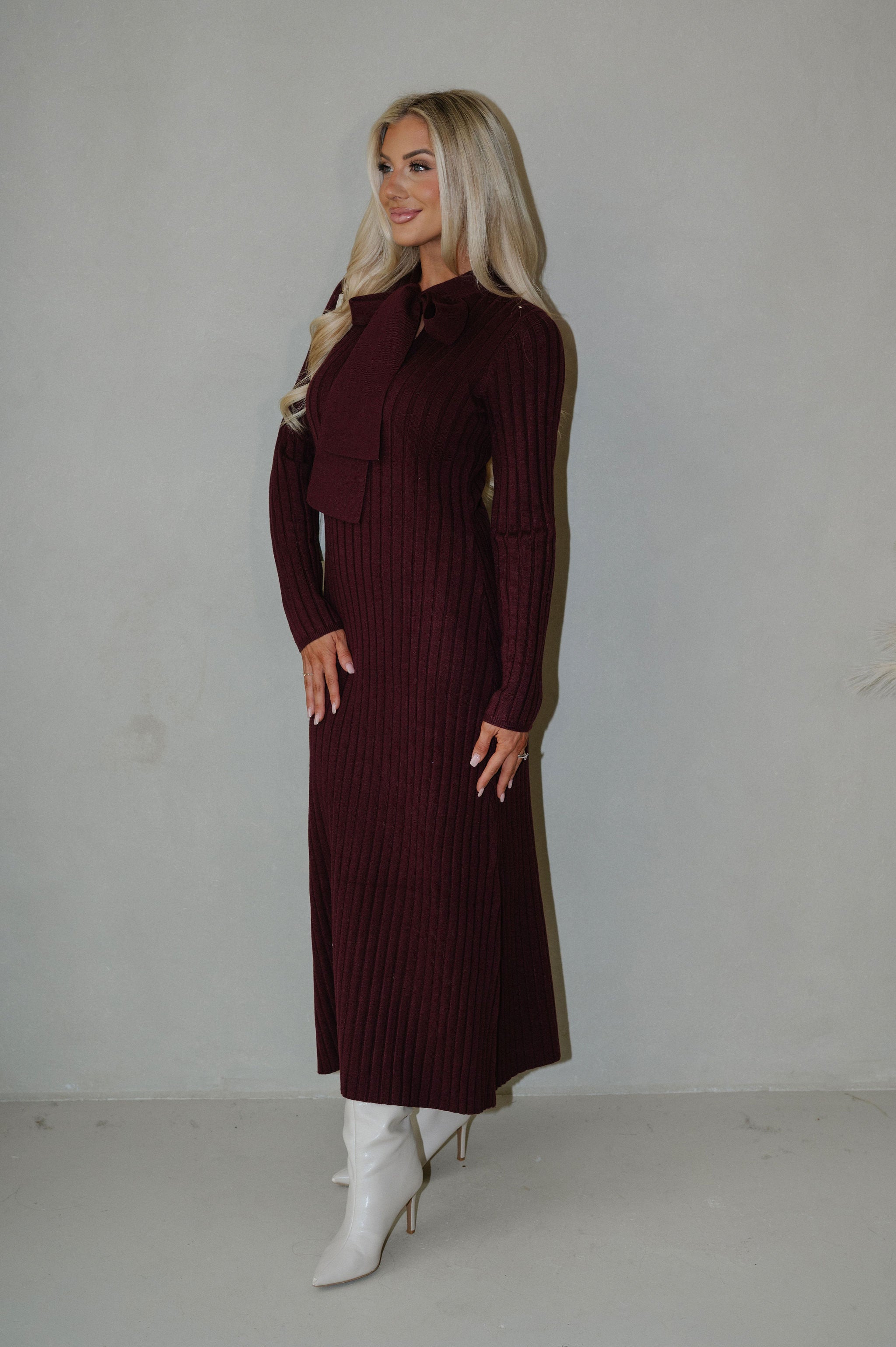 Summit Tie Neck Sweater Dress-Burgundy