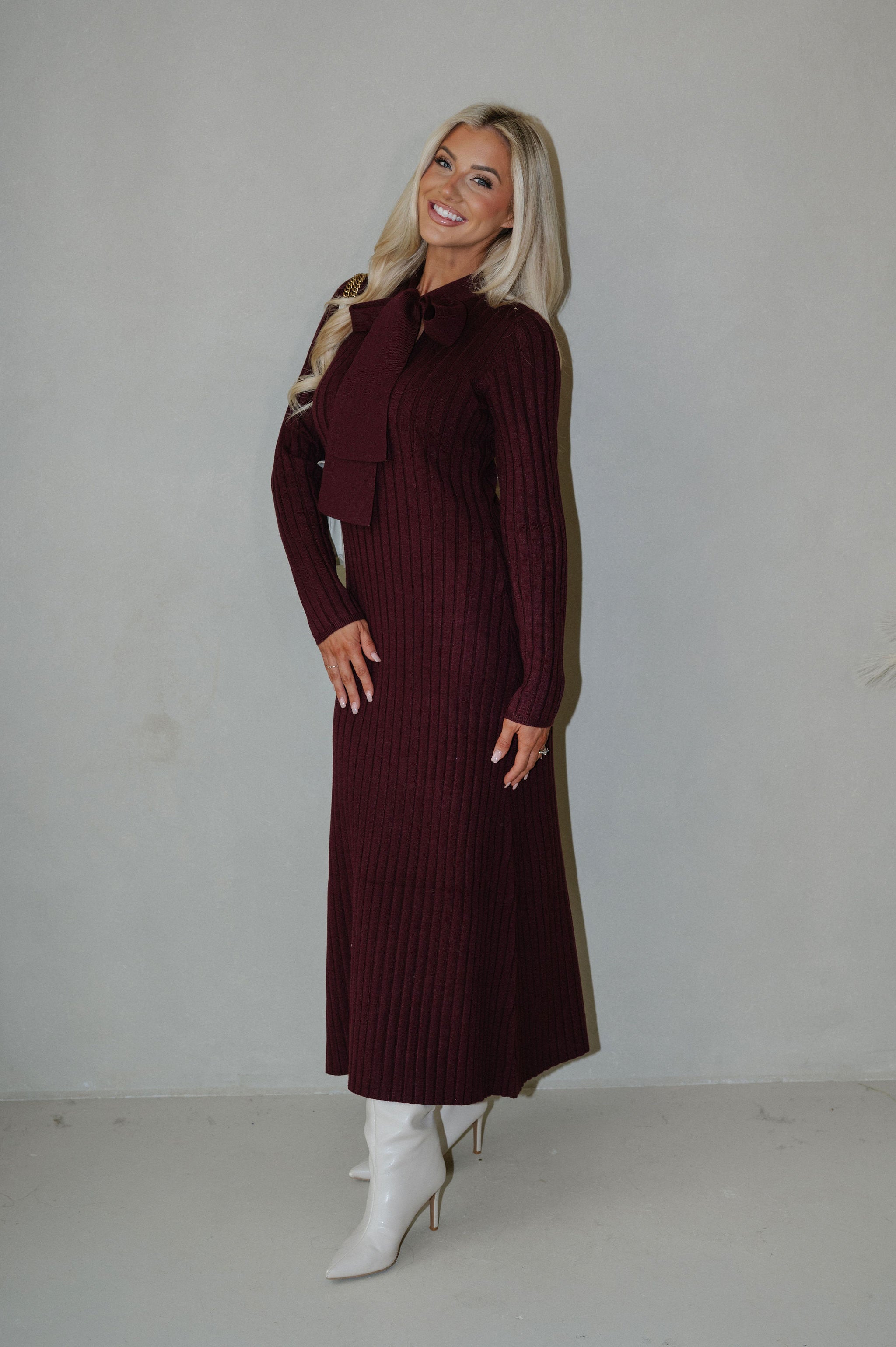Summit Tie Neck Sweater Dress-Burgundy