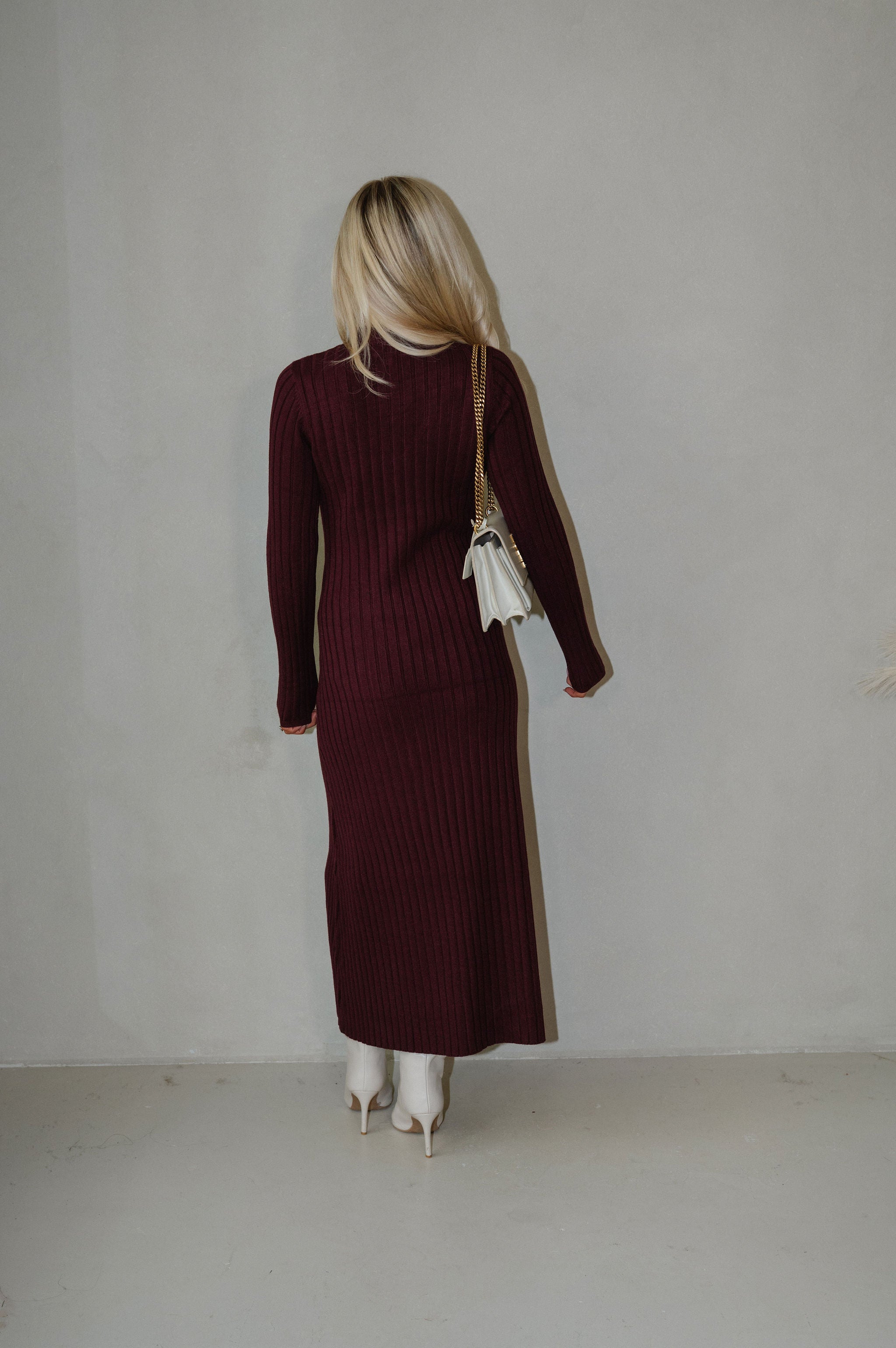 Summit Tie Neck Sweater Dress-Burgundy