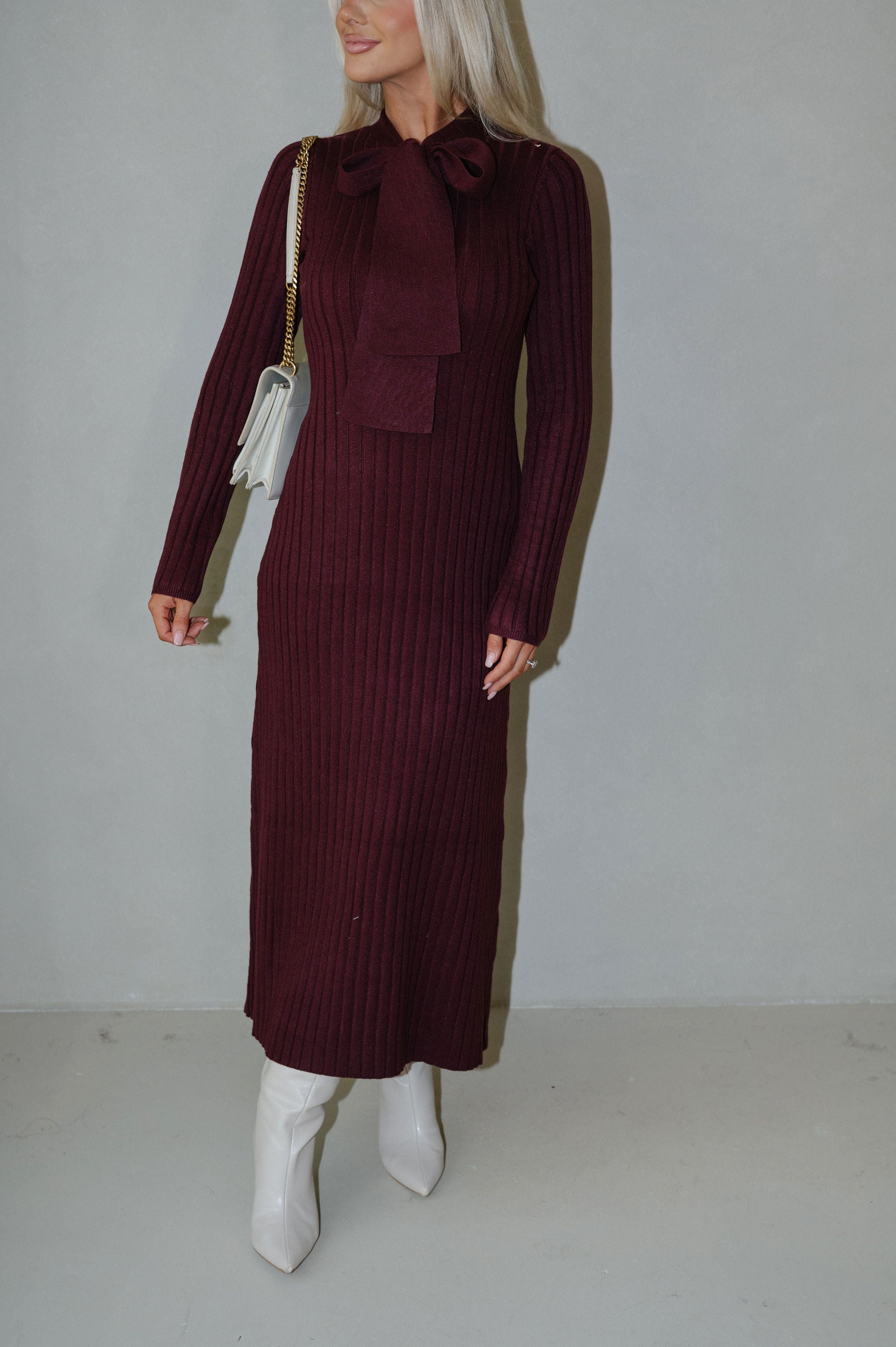 Summit Tie Neck Sweater Dress-Burgundy