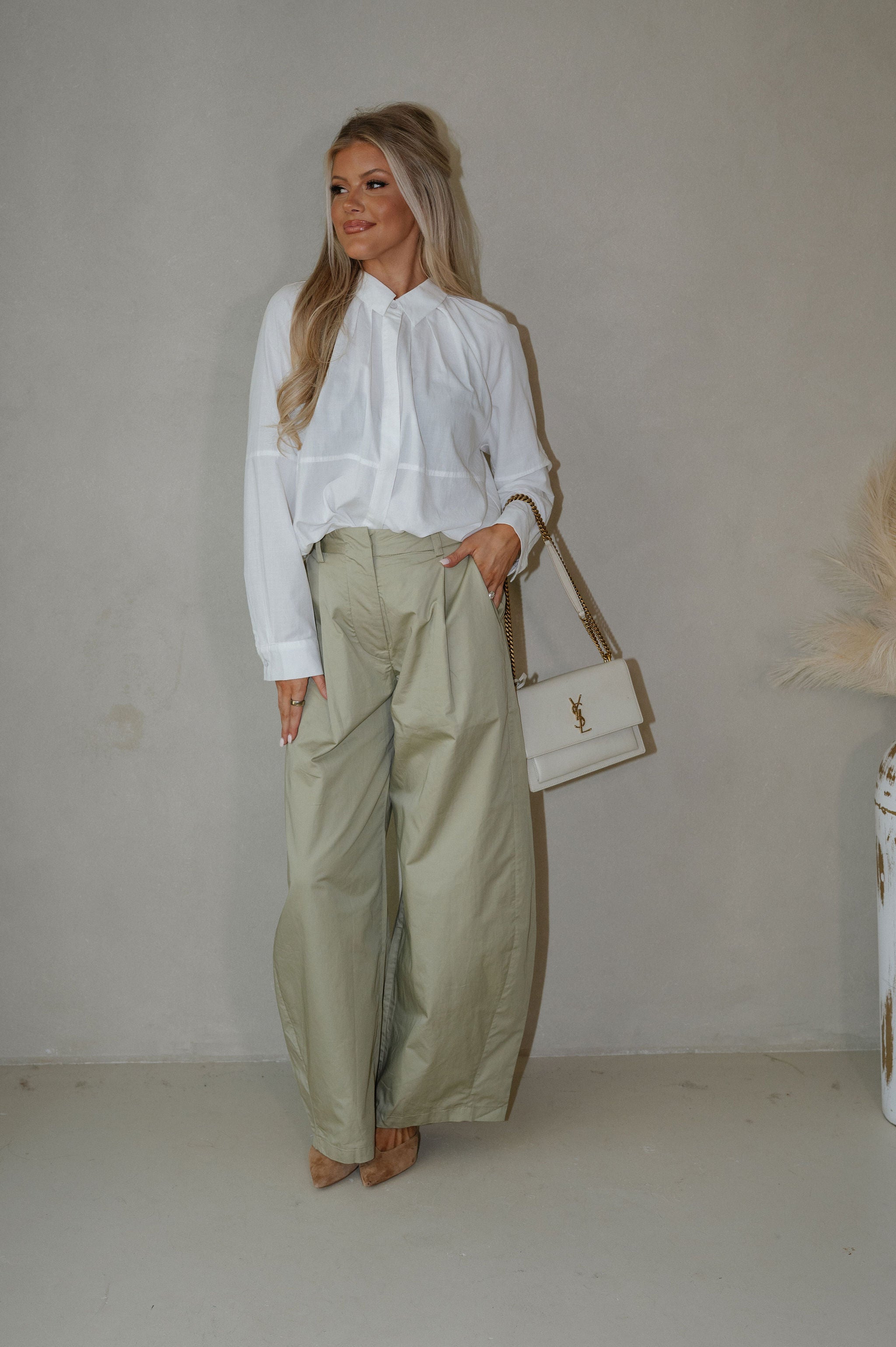 High-Rise Pintuck Wide Leg Pants-Light Olive