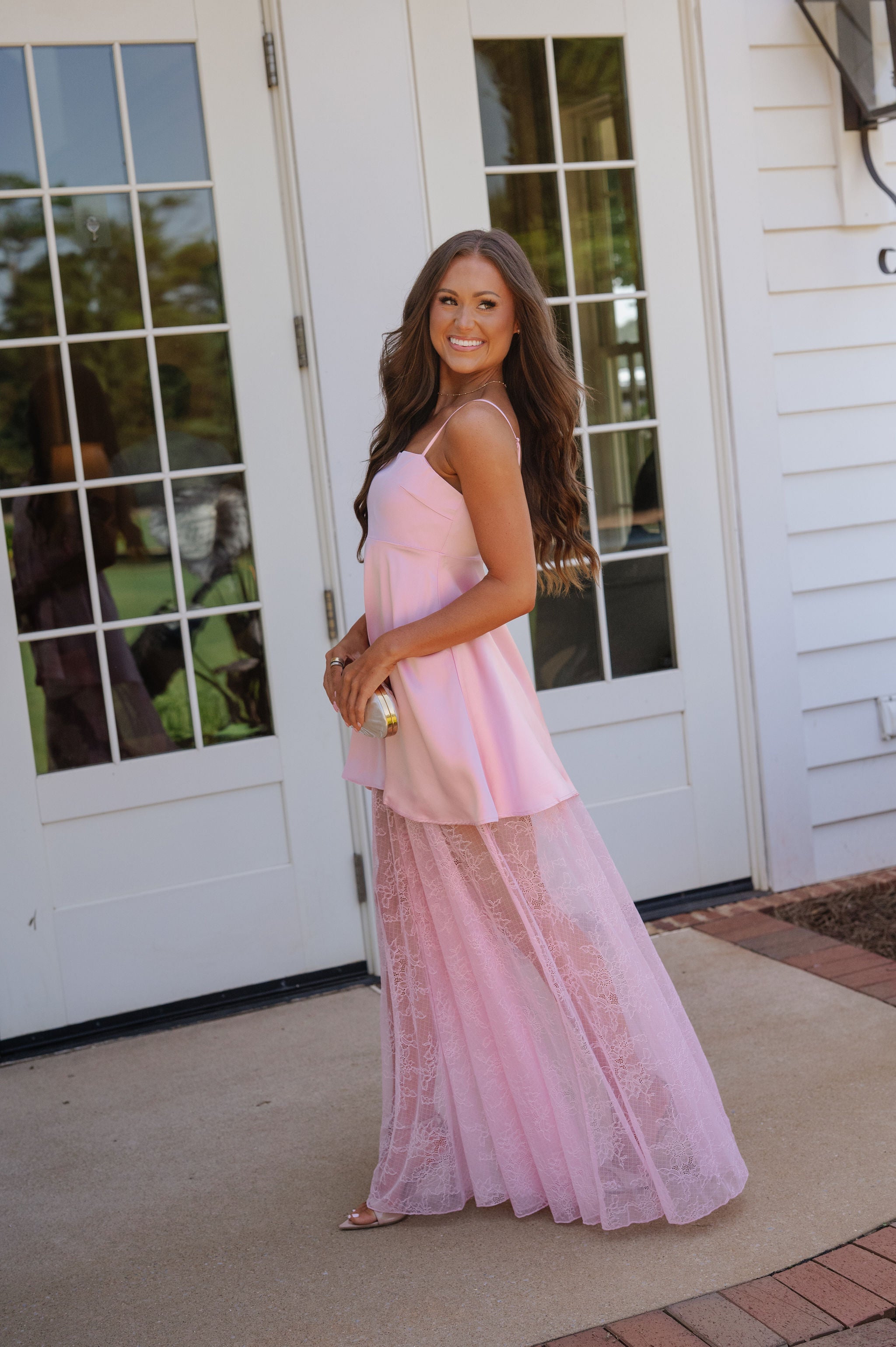 Riley Contrast Lace Skirt Satin Maxi Dress-Pink