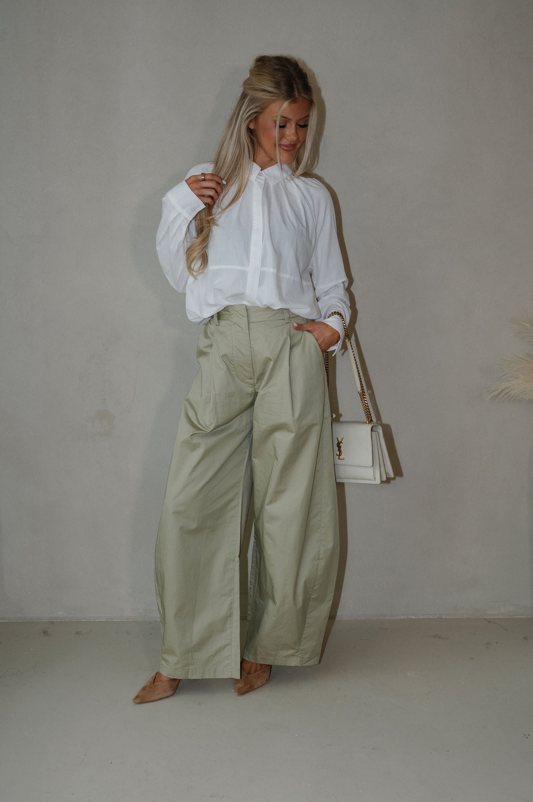 High-Rise Pintuck Wide Leg Pants-Light Olive