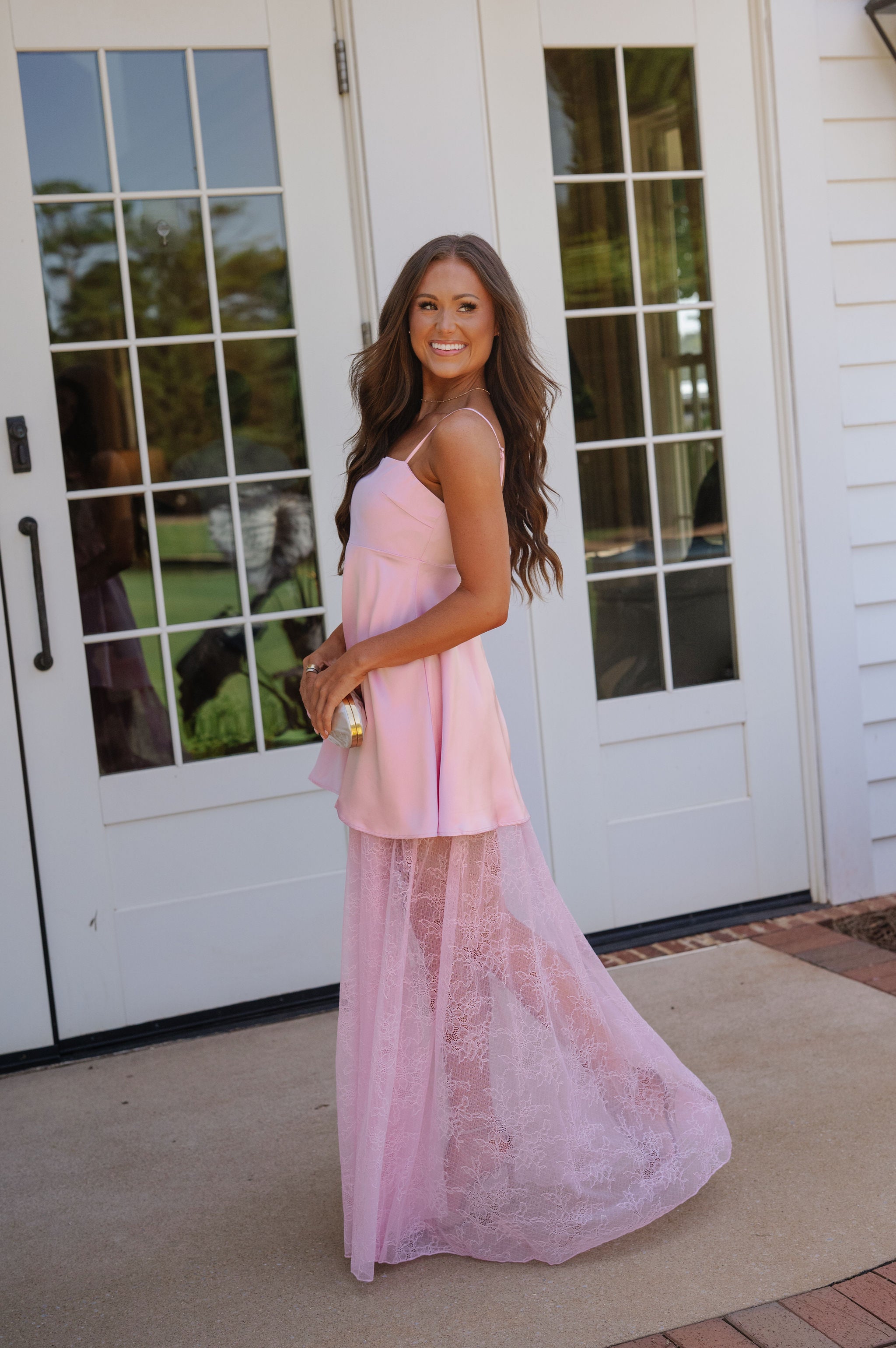 Riley Contrast Lace Skirt Satin Maxi Dress-Pink