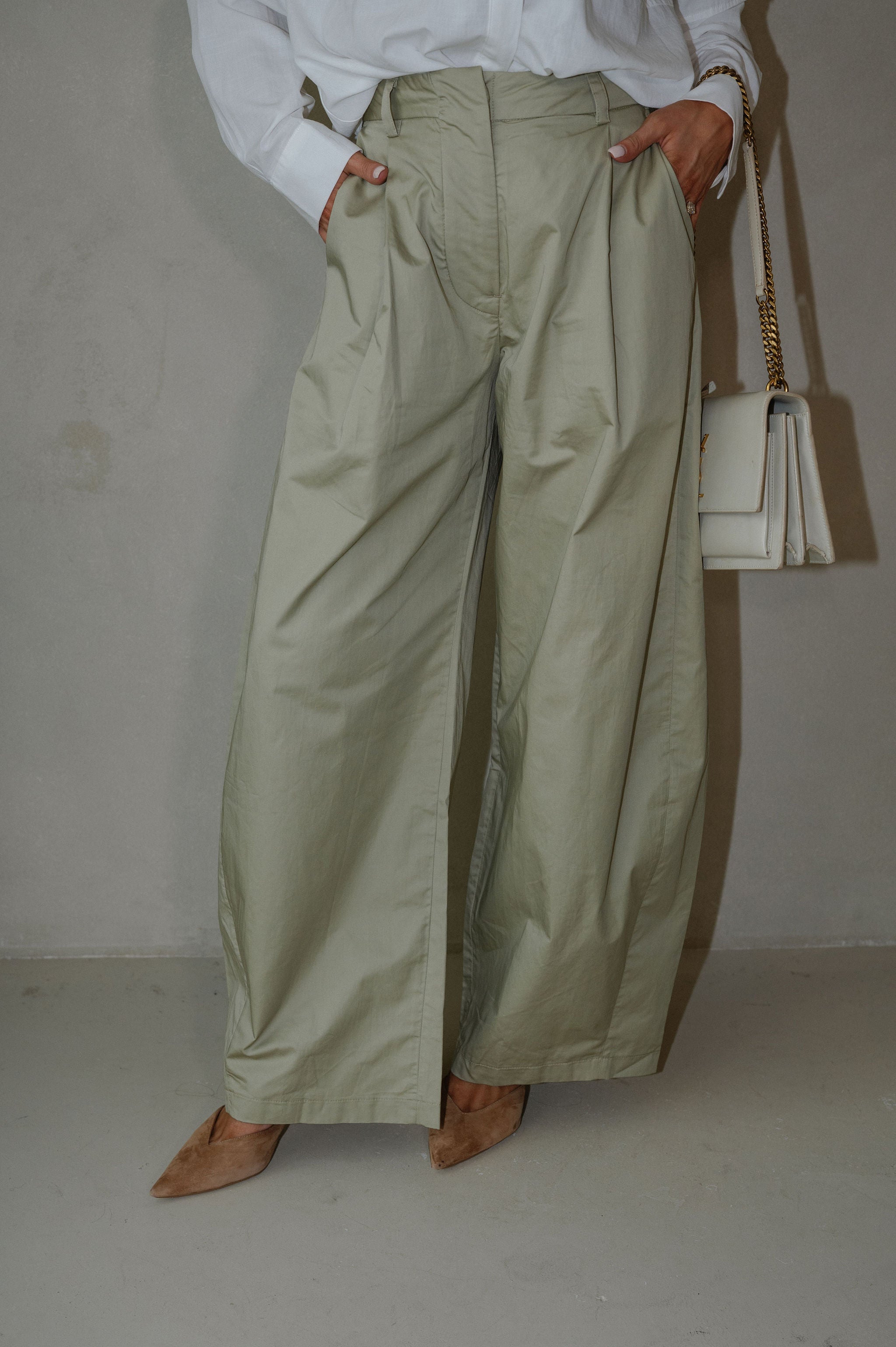 High-Rise Pintuck Wide Leg Pants-Light Olive