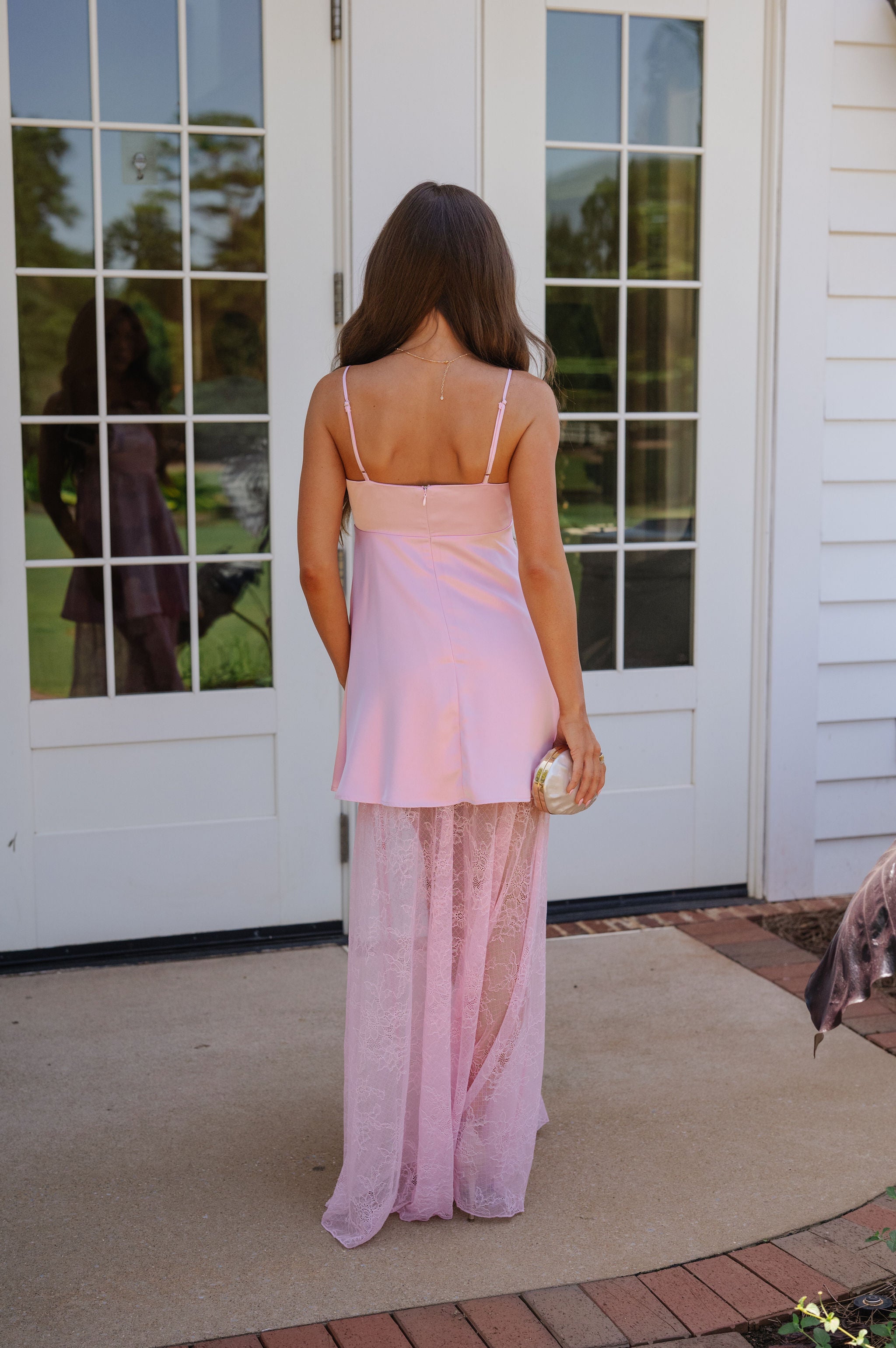 Riley Contrast Lace Skirt Satin Maxi Dress-Pink