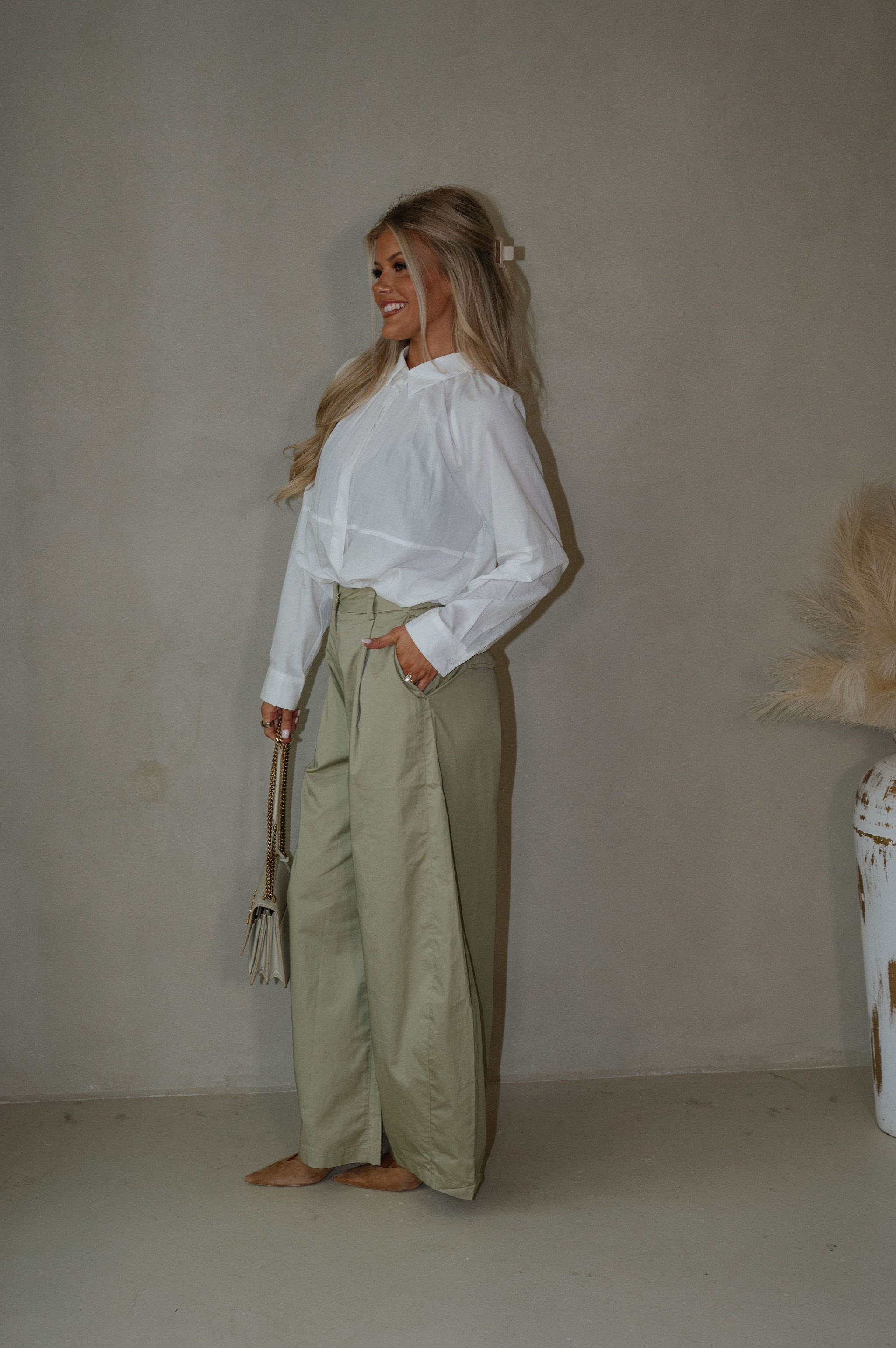 High-Rise Pintuck Wide Leg Pants-Light Olive