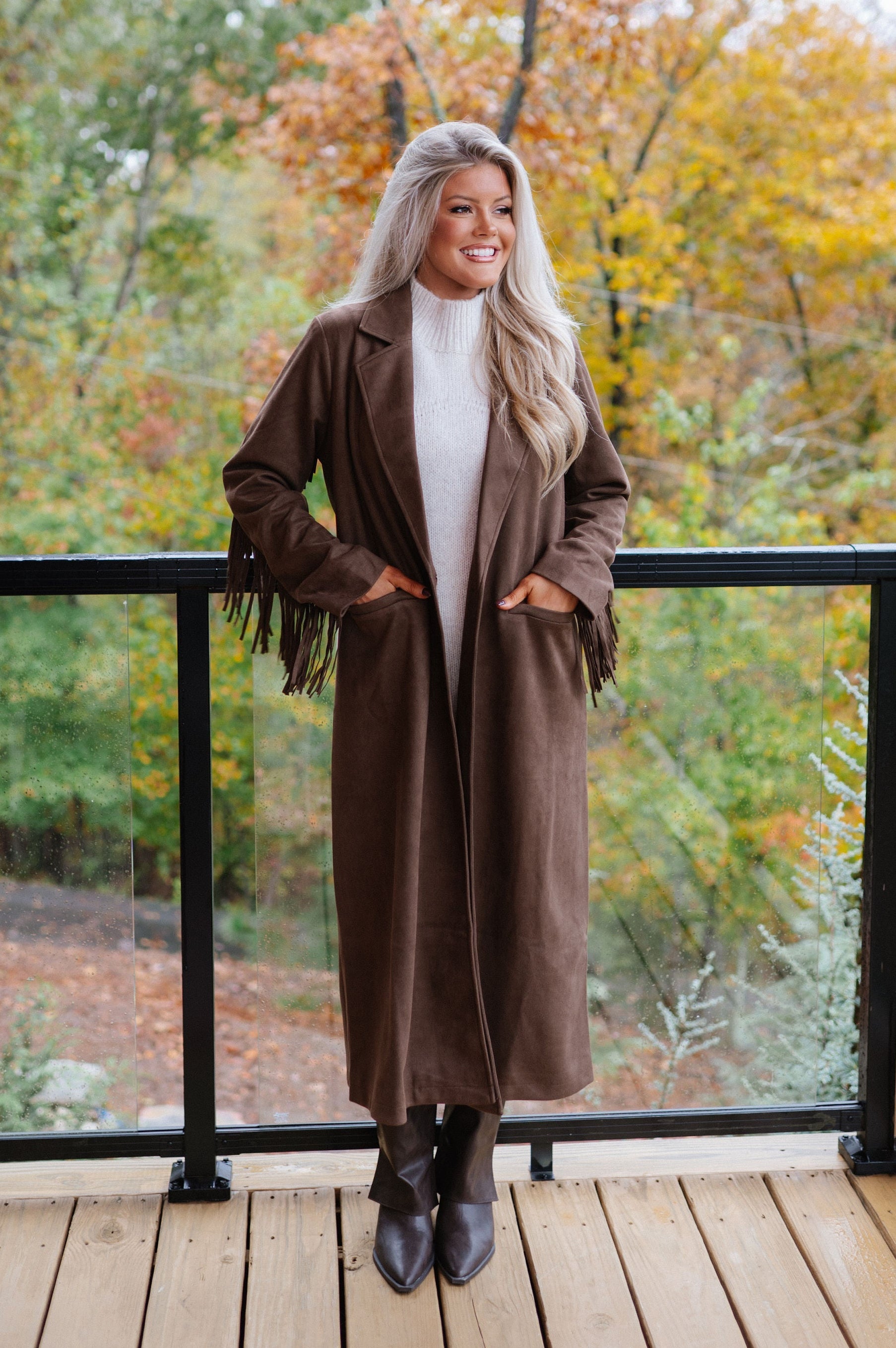 Suede Fringe Coat-Brown