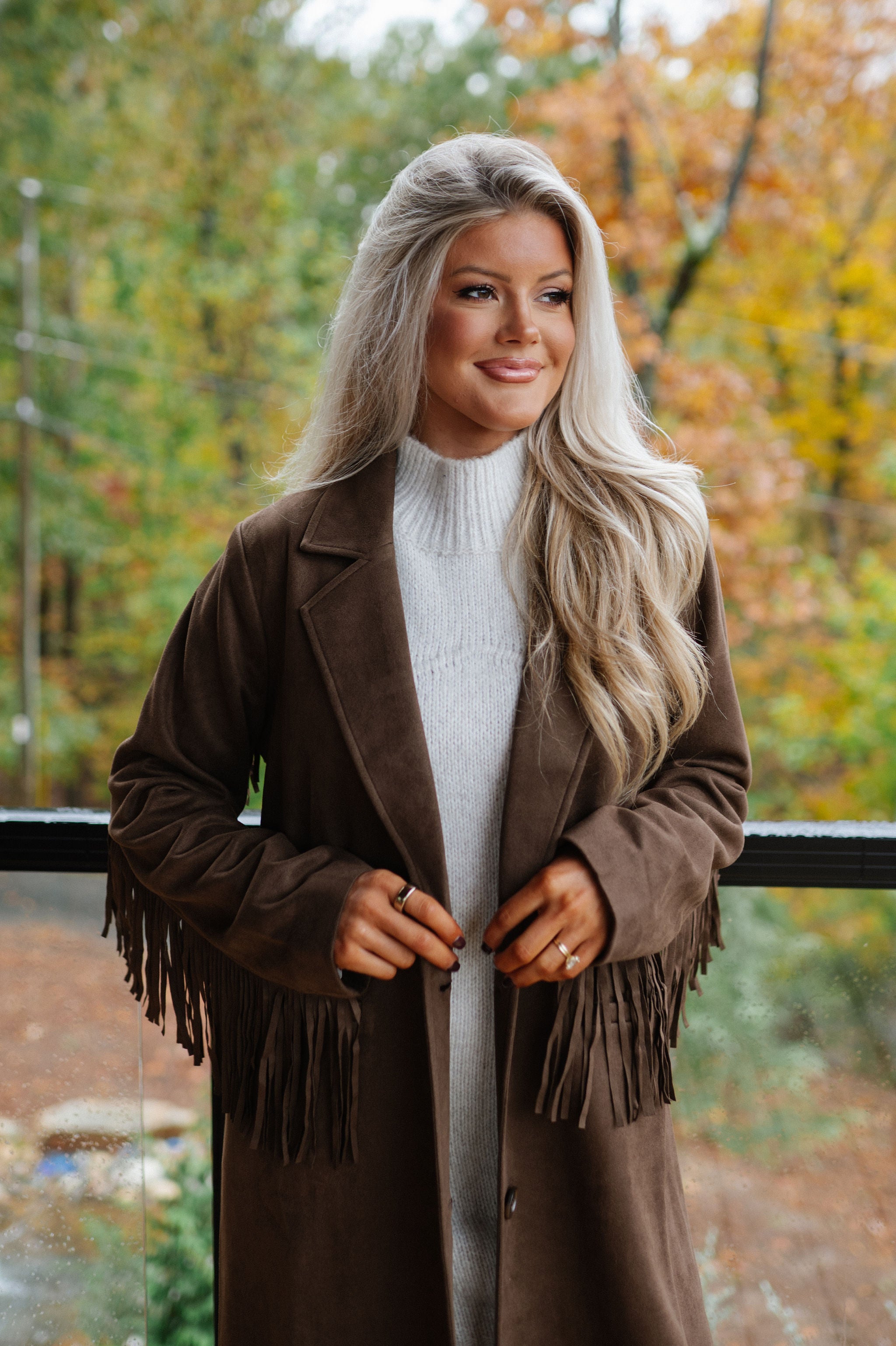 Suede Fringe Coat-Brown