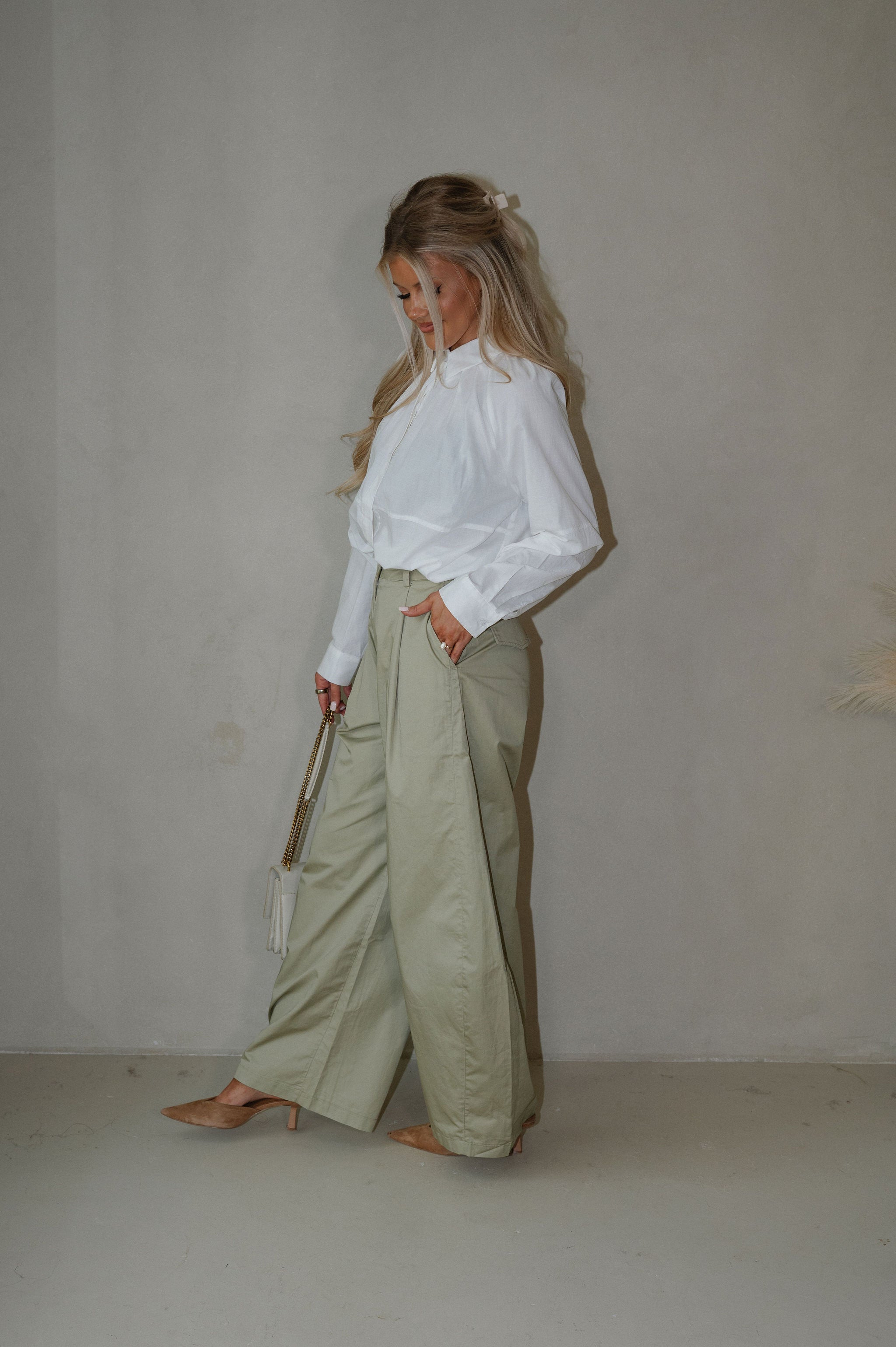 High-Rise Pintuck Wide Leg Pants-Light Olive