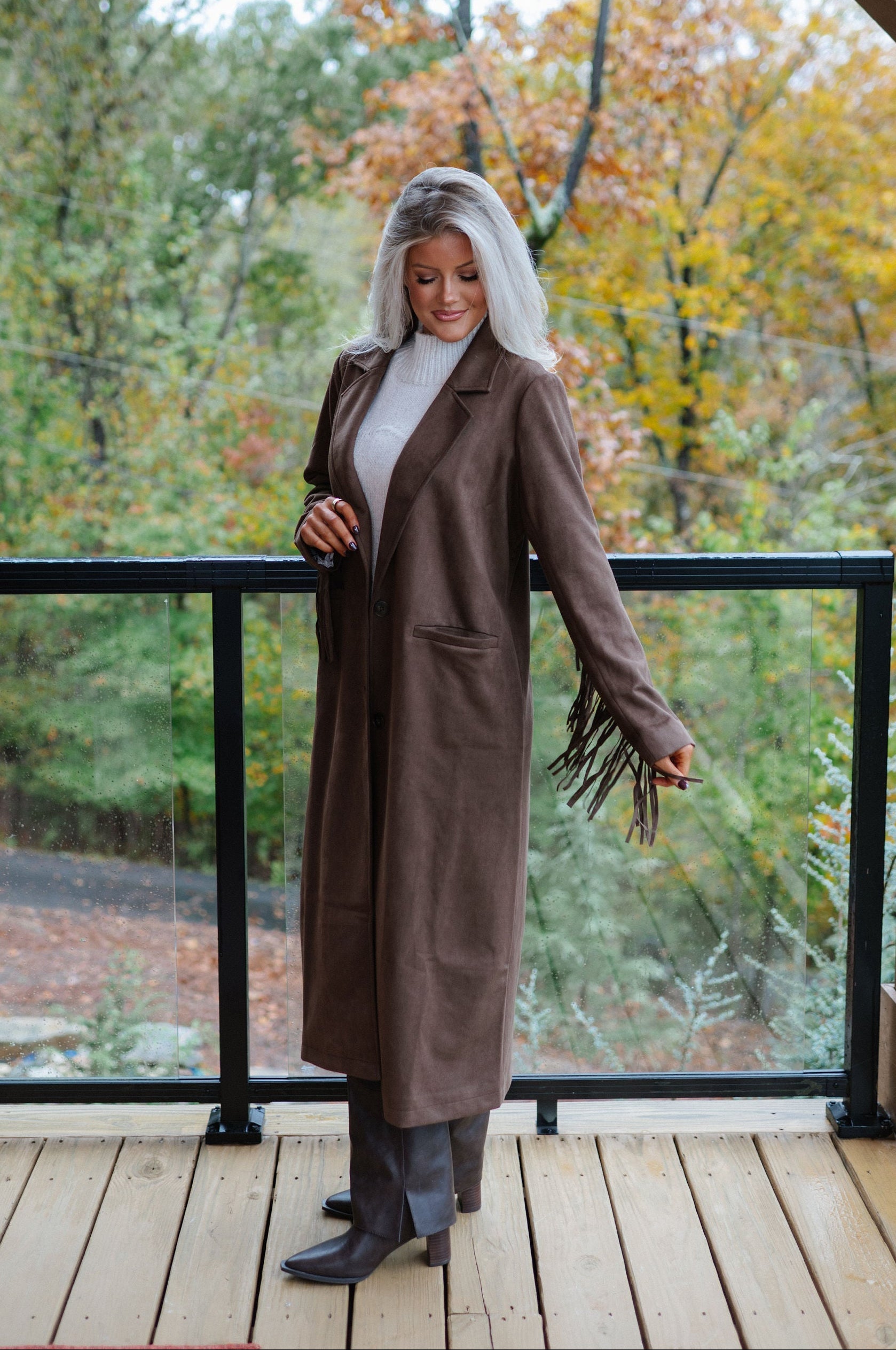 Suede Fringe Coat-Brown