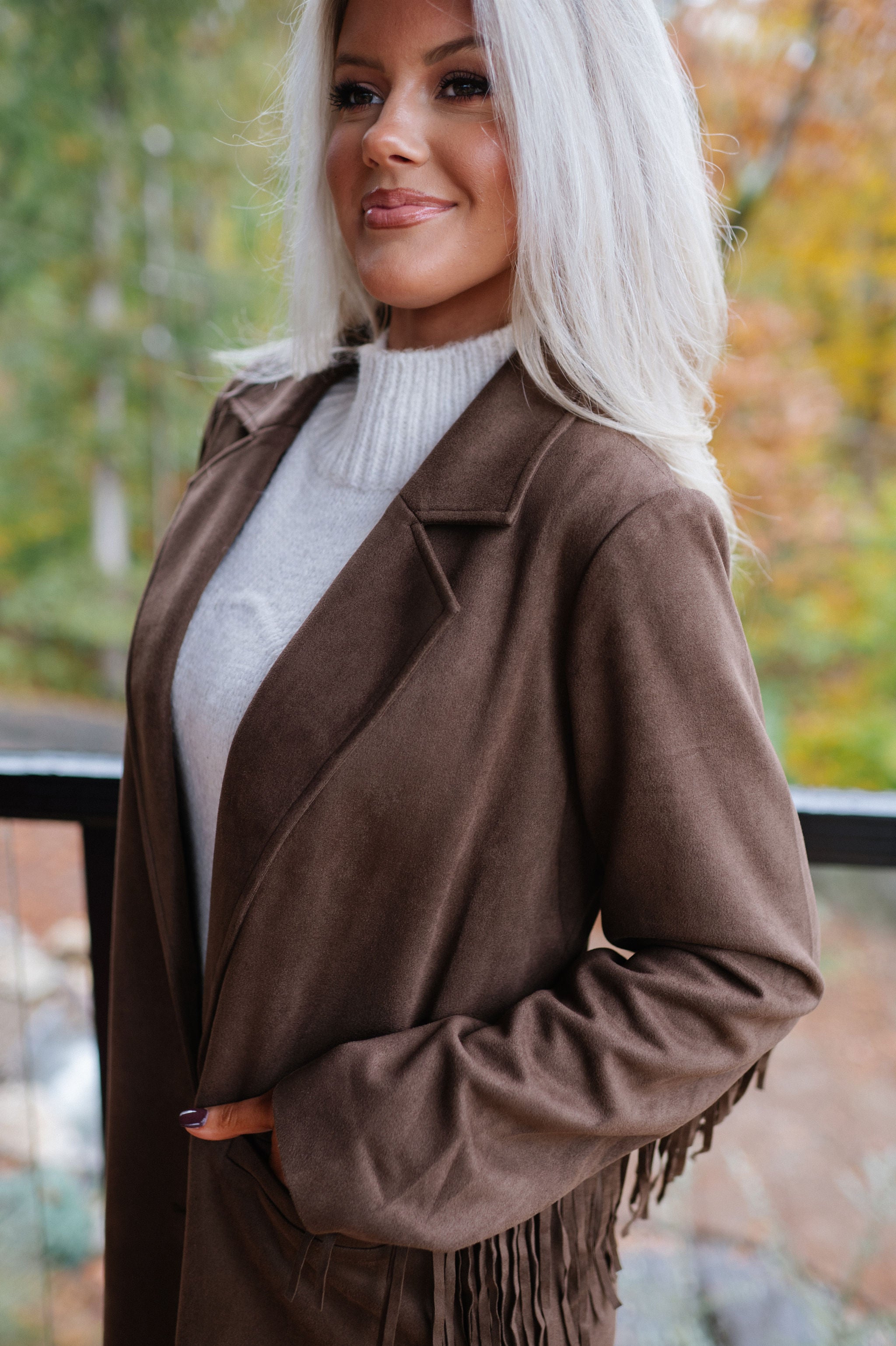 Suede Fringe Coat-Brown