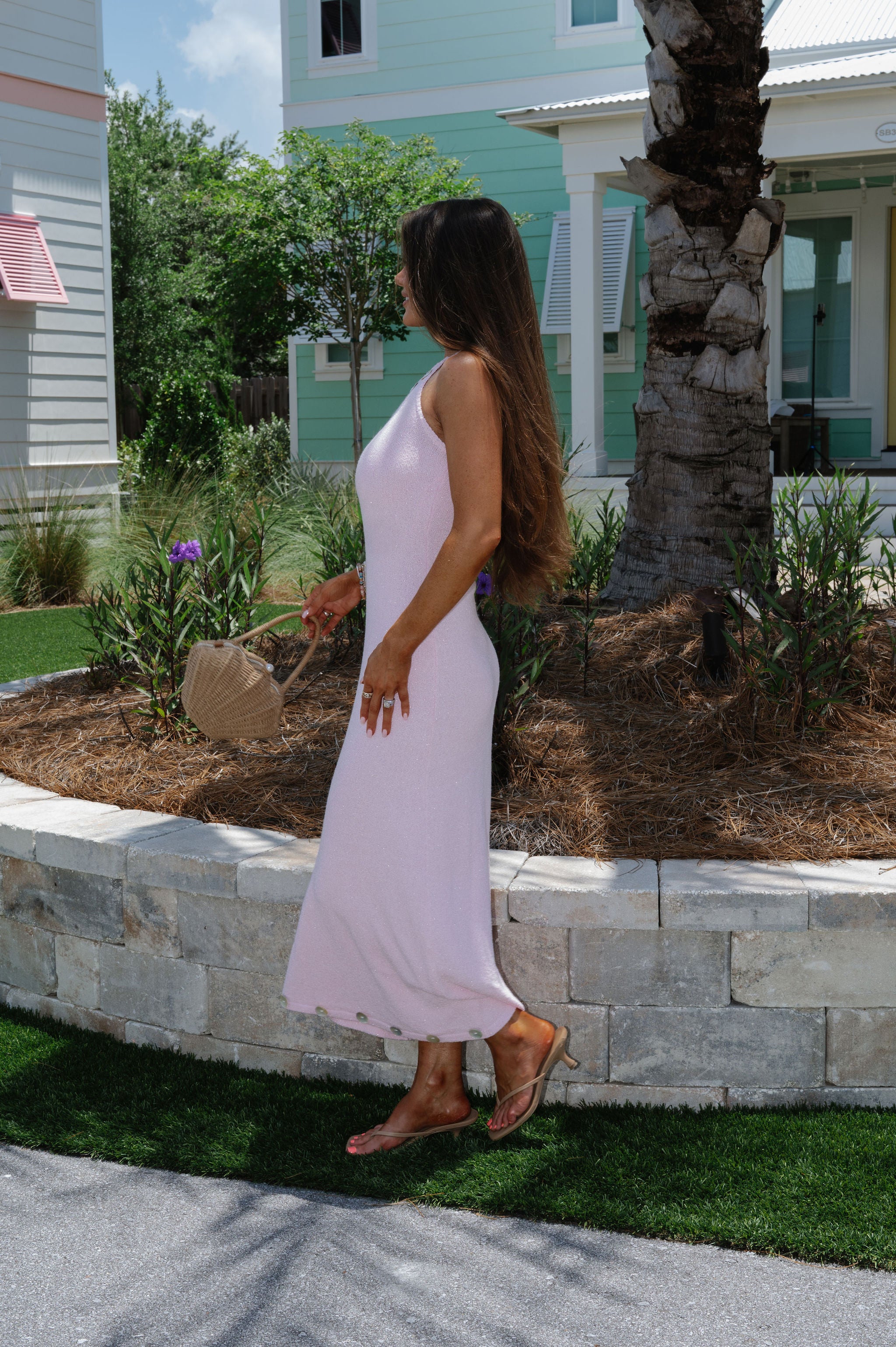 Shell Button Halter Midi Dress-Pink