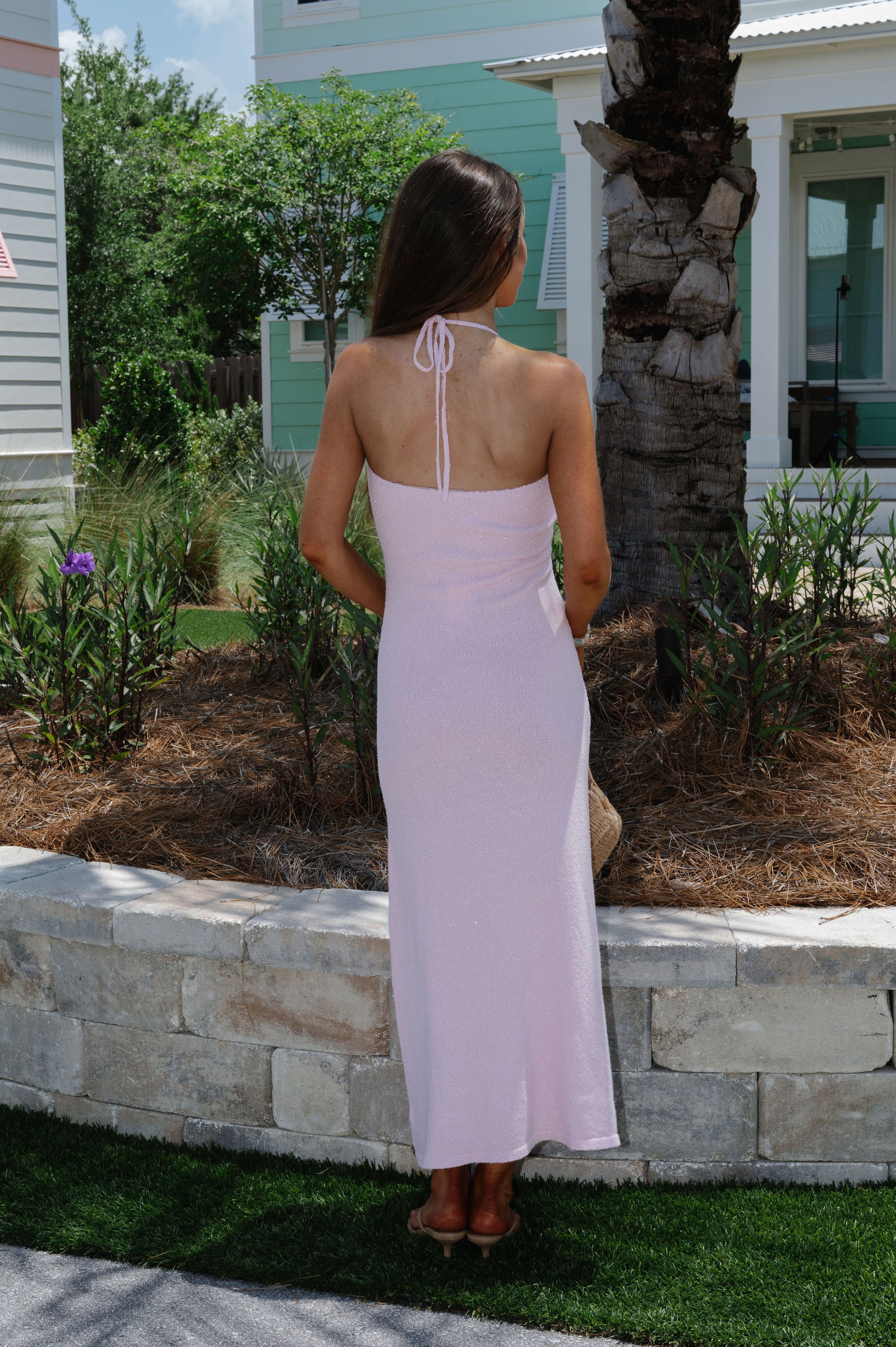 Shell Button Halter Midi Dress-Pink