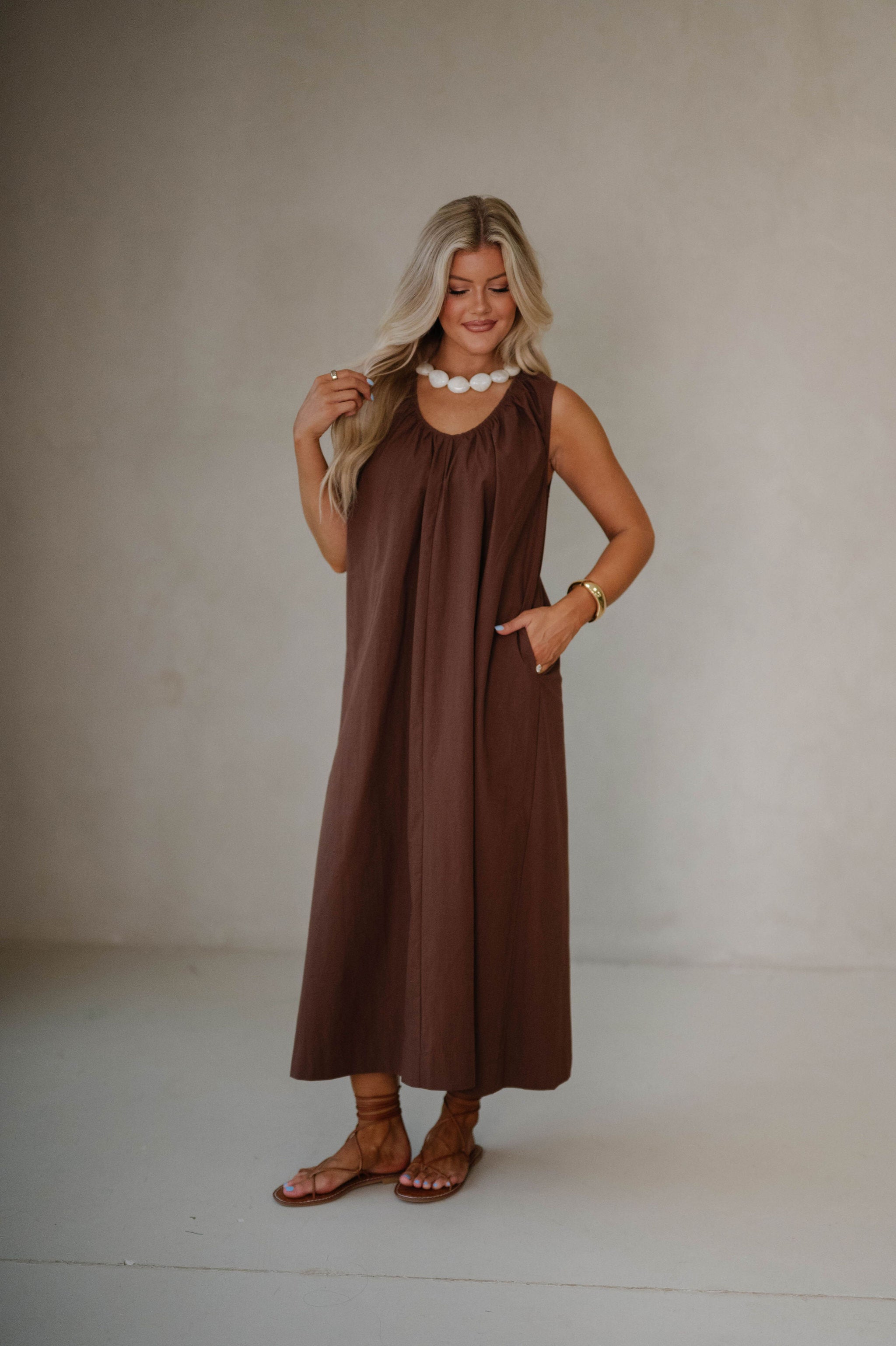 Sunday Sleeveless Midi Dress- Brown
