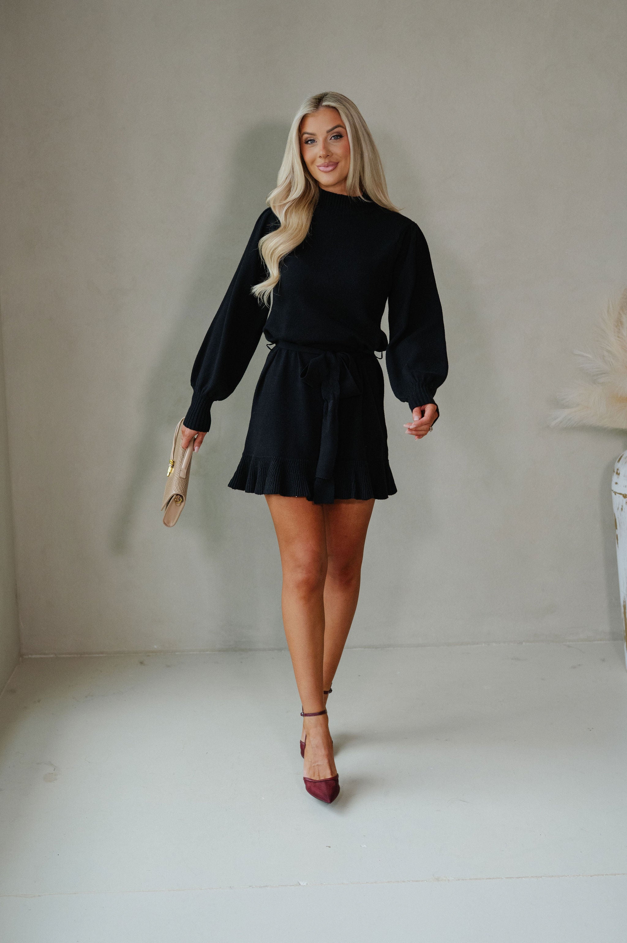 Claire Ruffle Sweater Mini Dress-Black