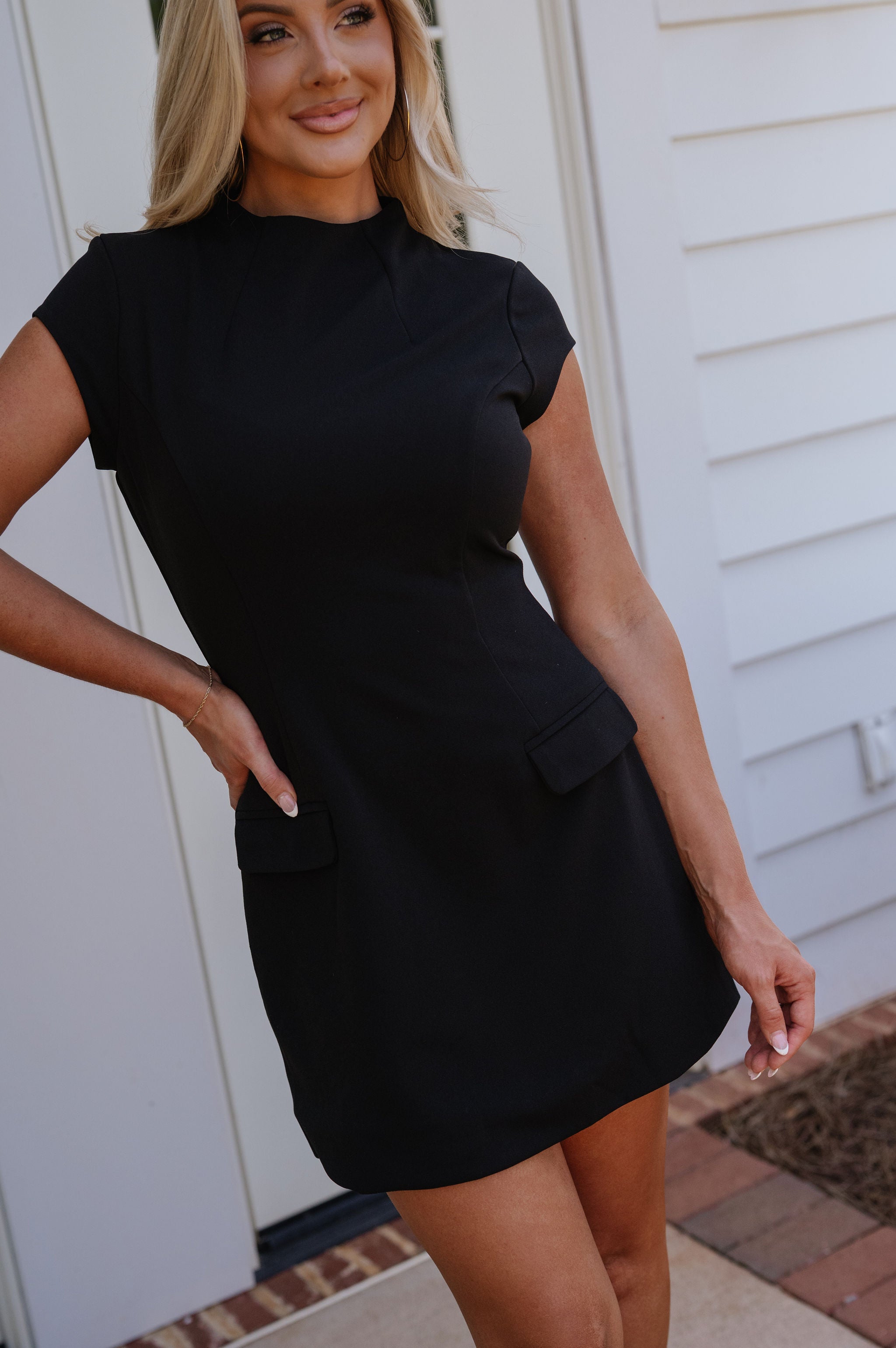 Rae Front Pocket Mini Dress-Black