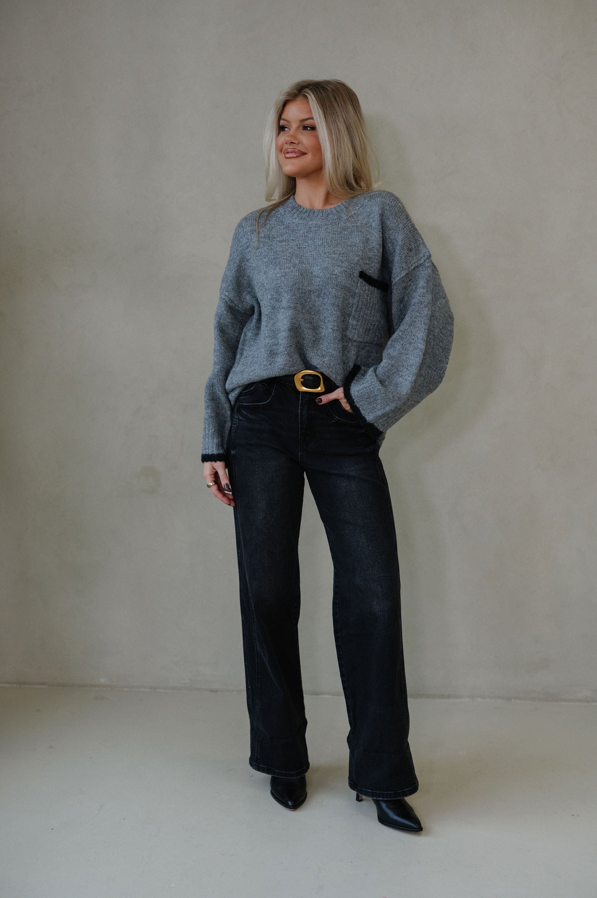 Crewneck Oversized Knit Sweater-Grey