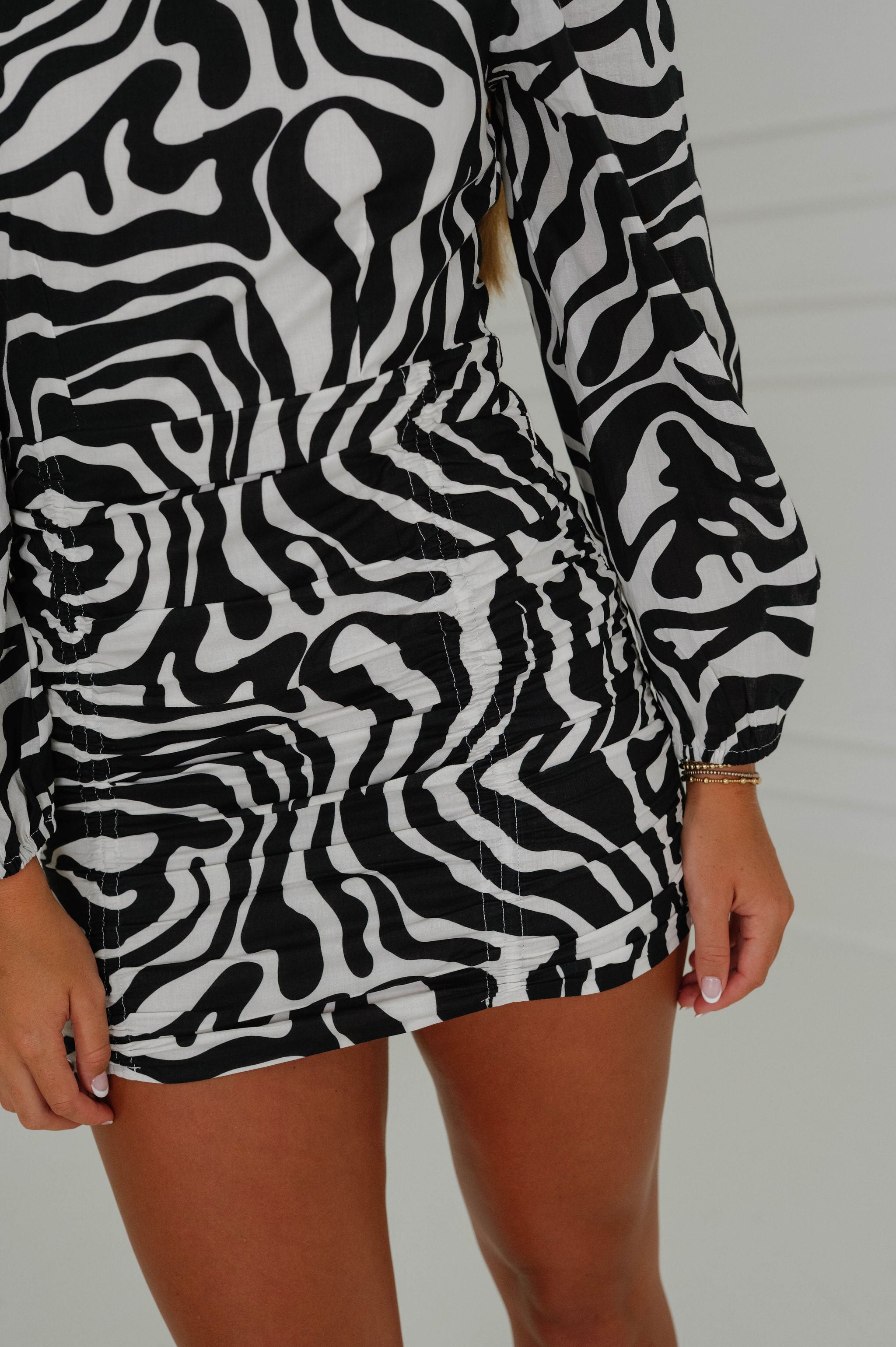 PREORDER//Maren Ruched Mini Dress-Black Zebra/SHIPPING BY 8/5!