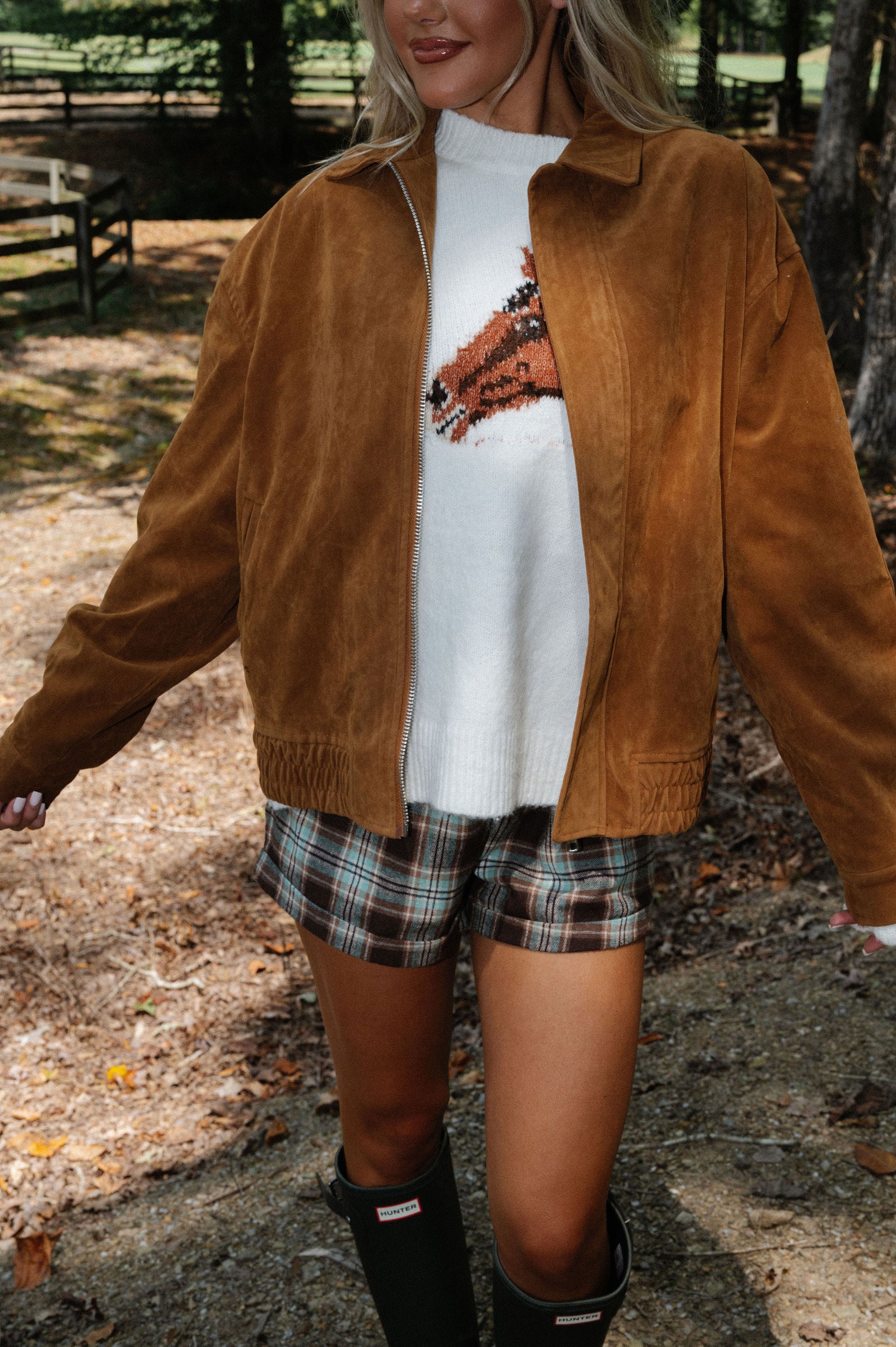 Suede Zip-Up Bomber Jacket-Camel