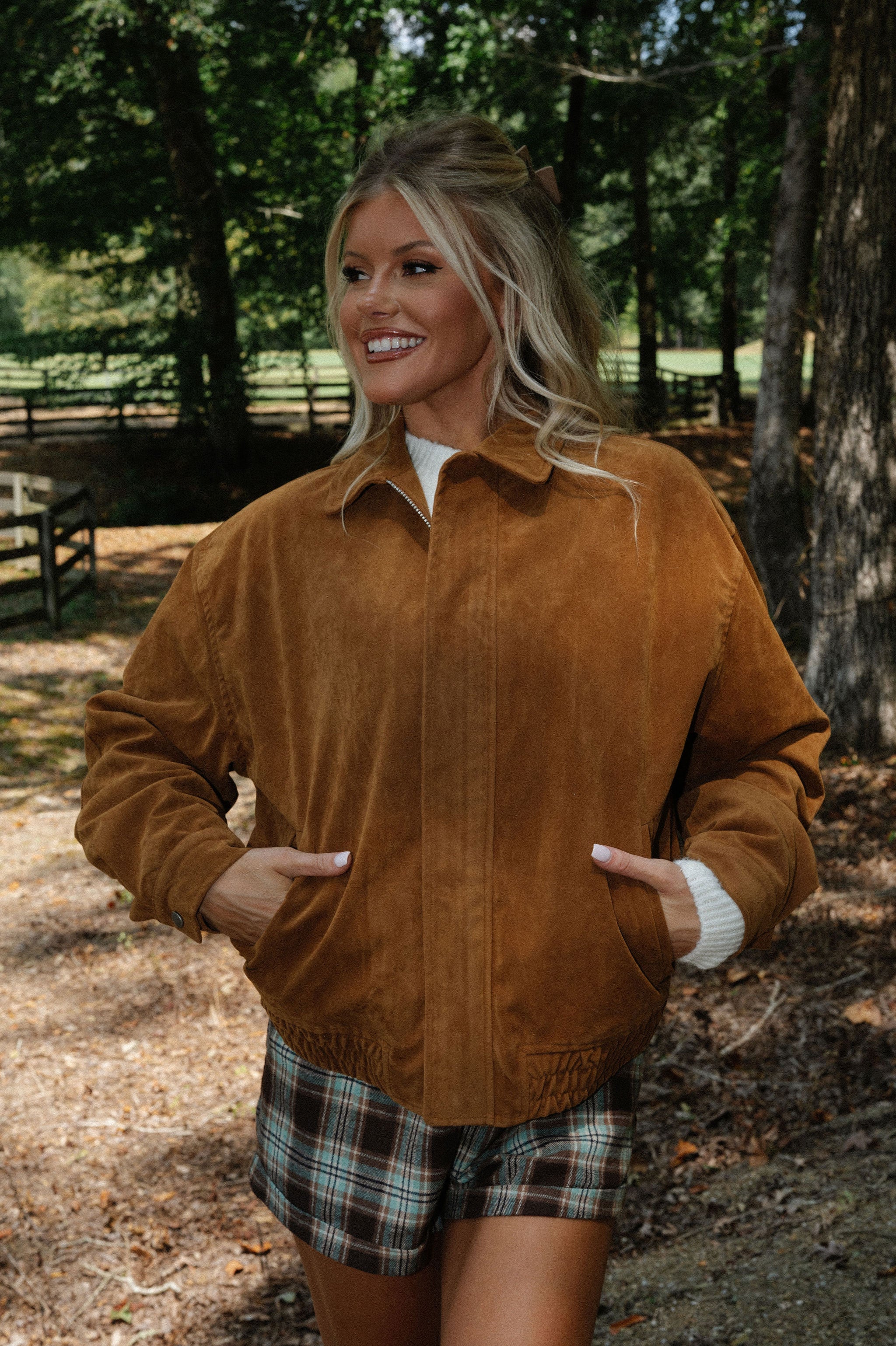Suede Zip-Up Bomber Jacket-Camel