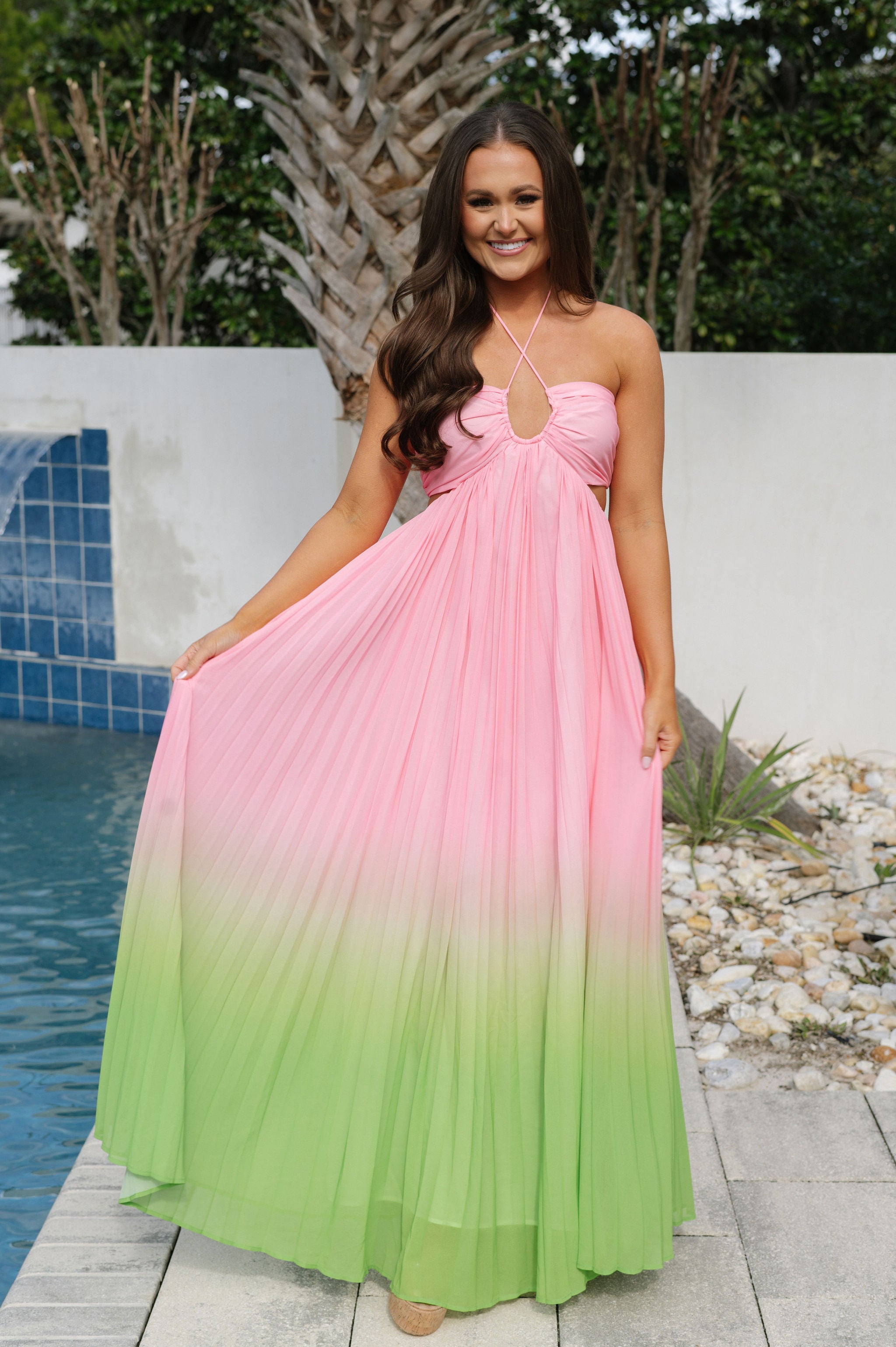 Ruby Pleated Maxi Dress-Pink/Lime