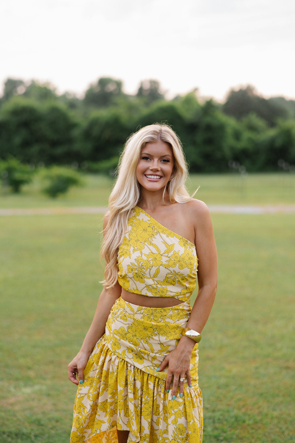 One Shoulder Maxi Dress-Yellow Multi