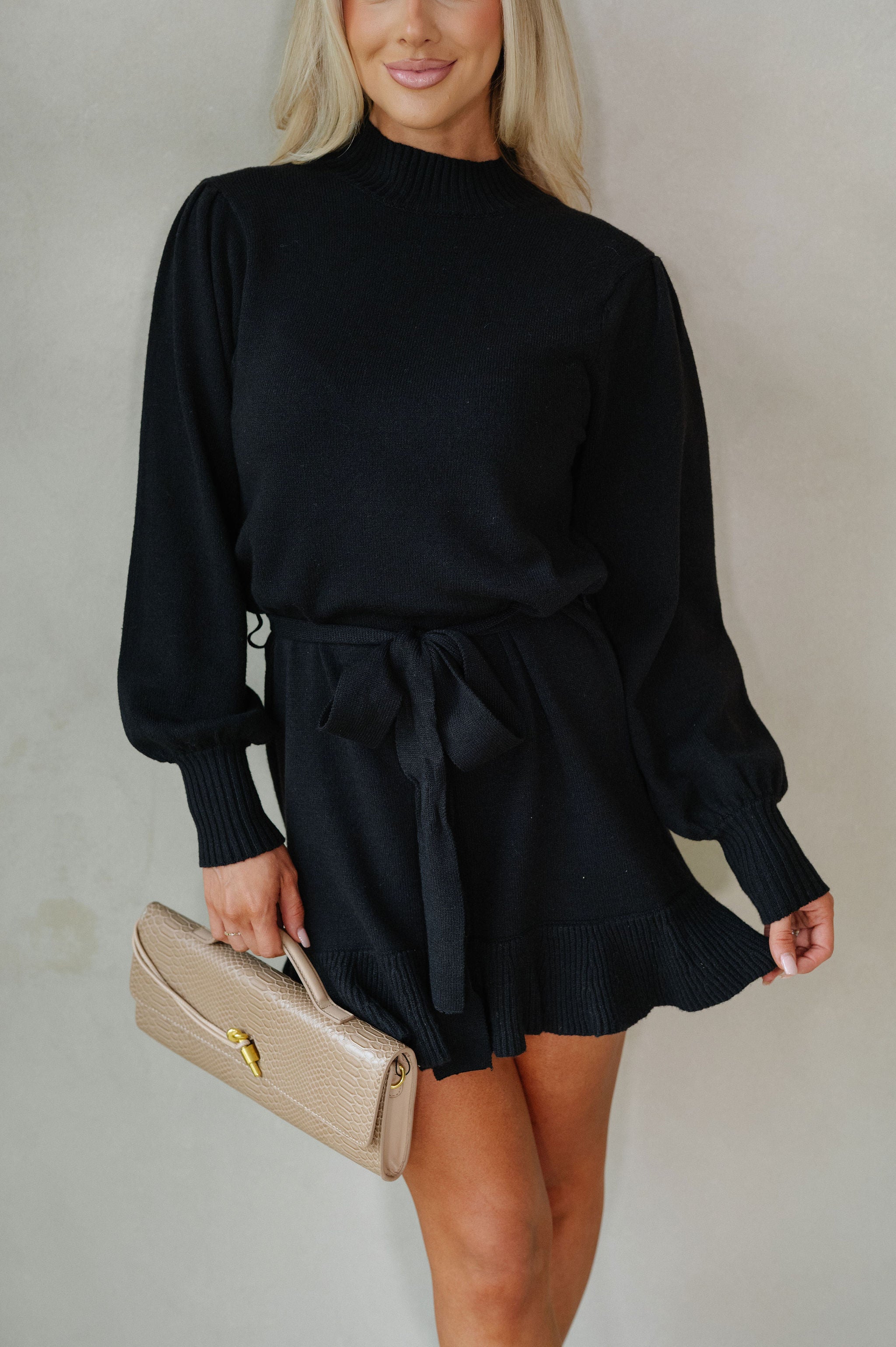 Claire Ruffle Sweater Mini Dress-Black