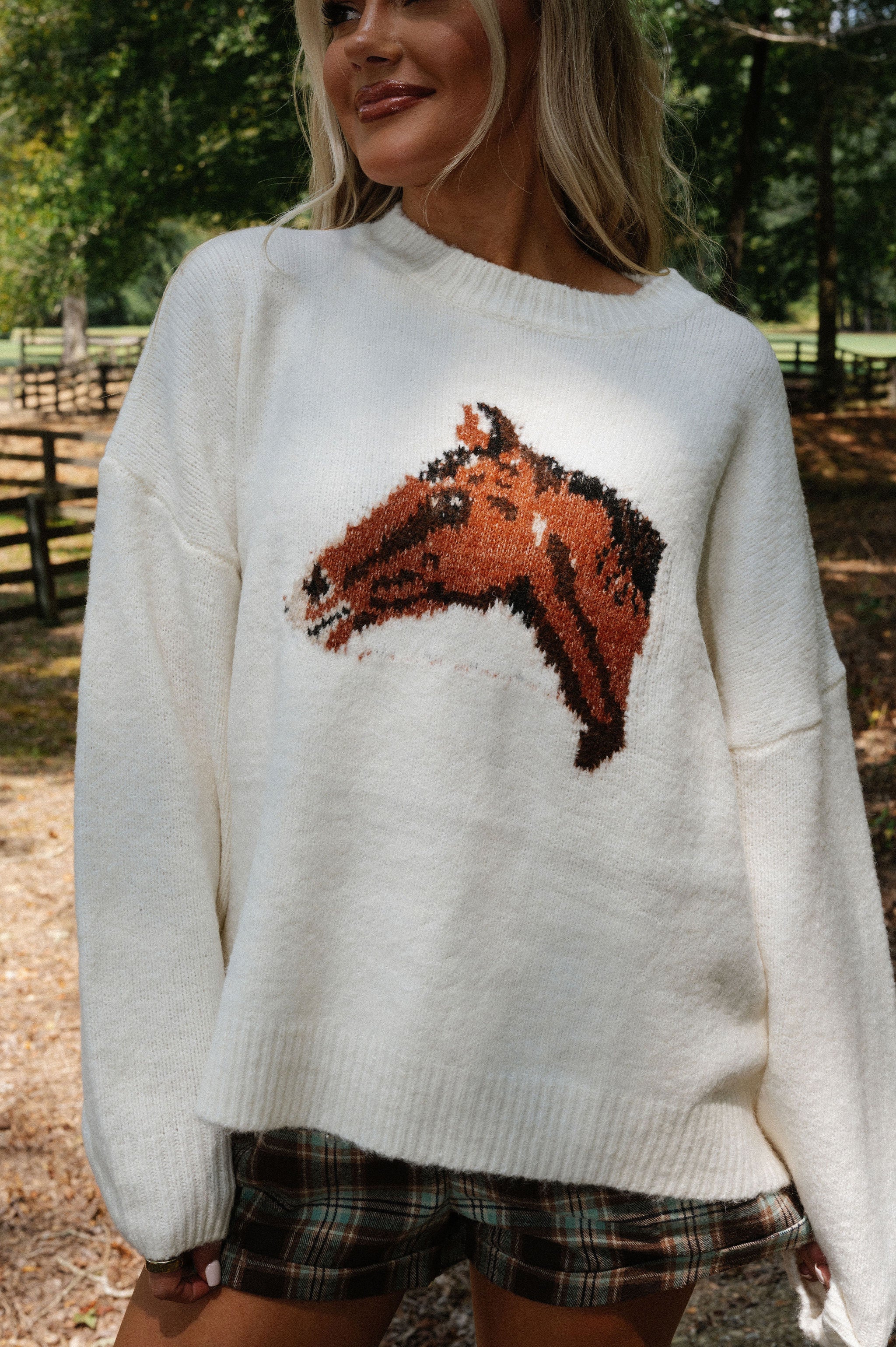Horse Graphic Knit Sweater-Cream
