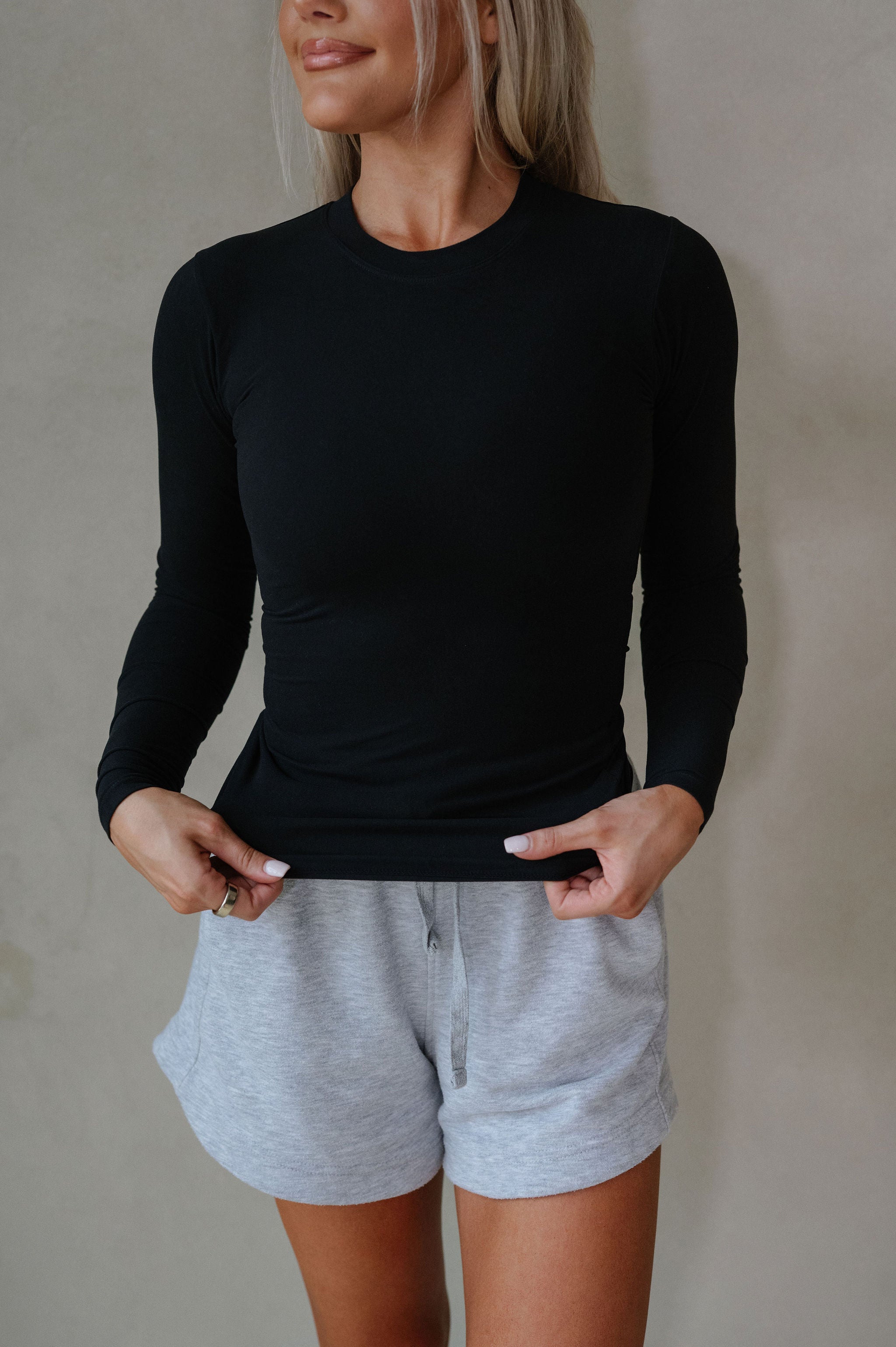Soft Knit Jersey Long Sleeve Tee-Black