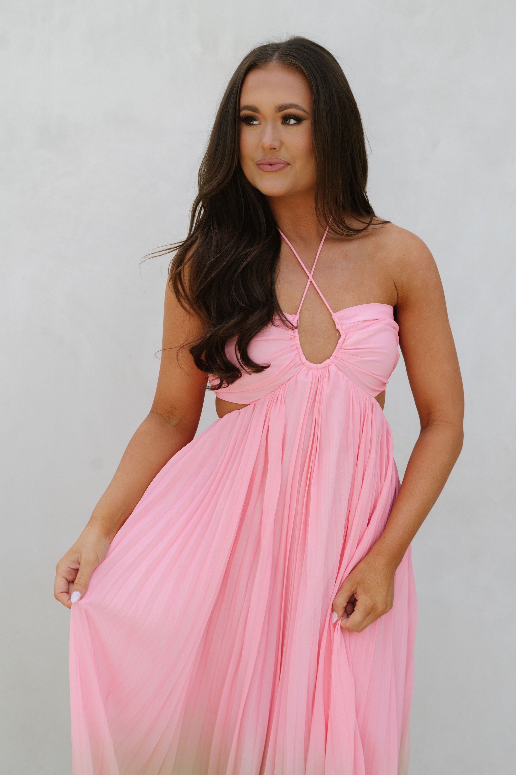 Ruby Pleated Maxi Dress-Pink/Lime