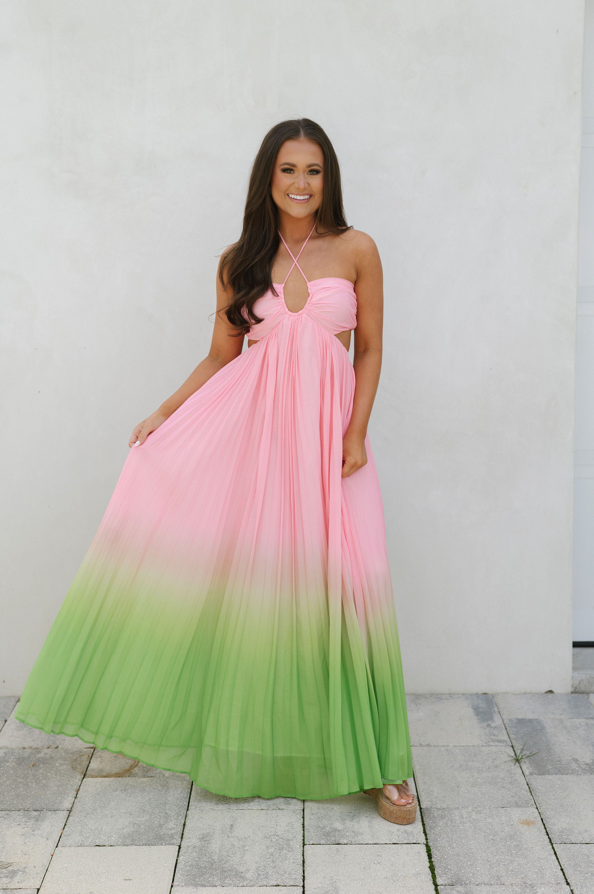 Ruby Pleated Maxi Dress-Pink/Lime