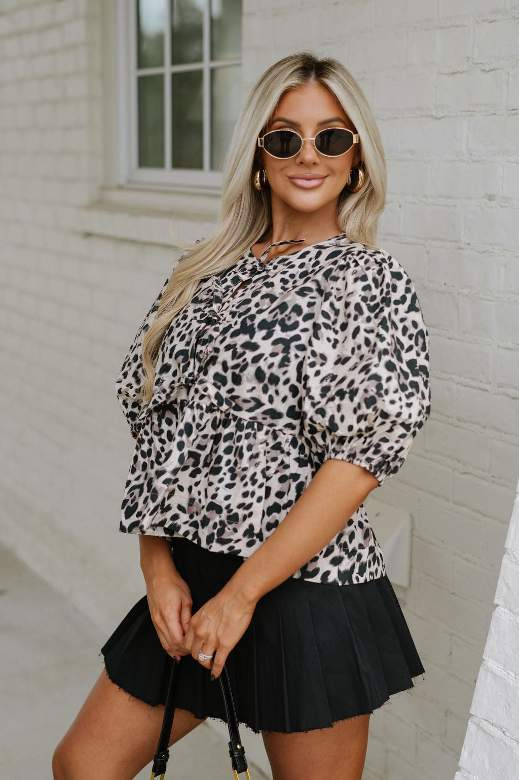 Front Tie Peplum Top-Leopard