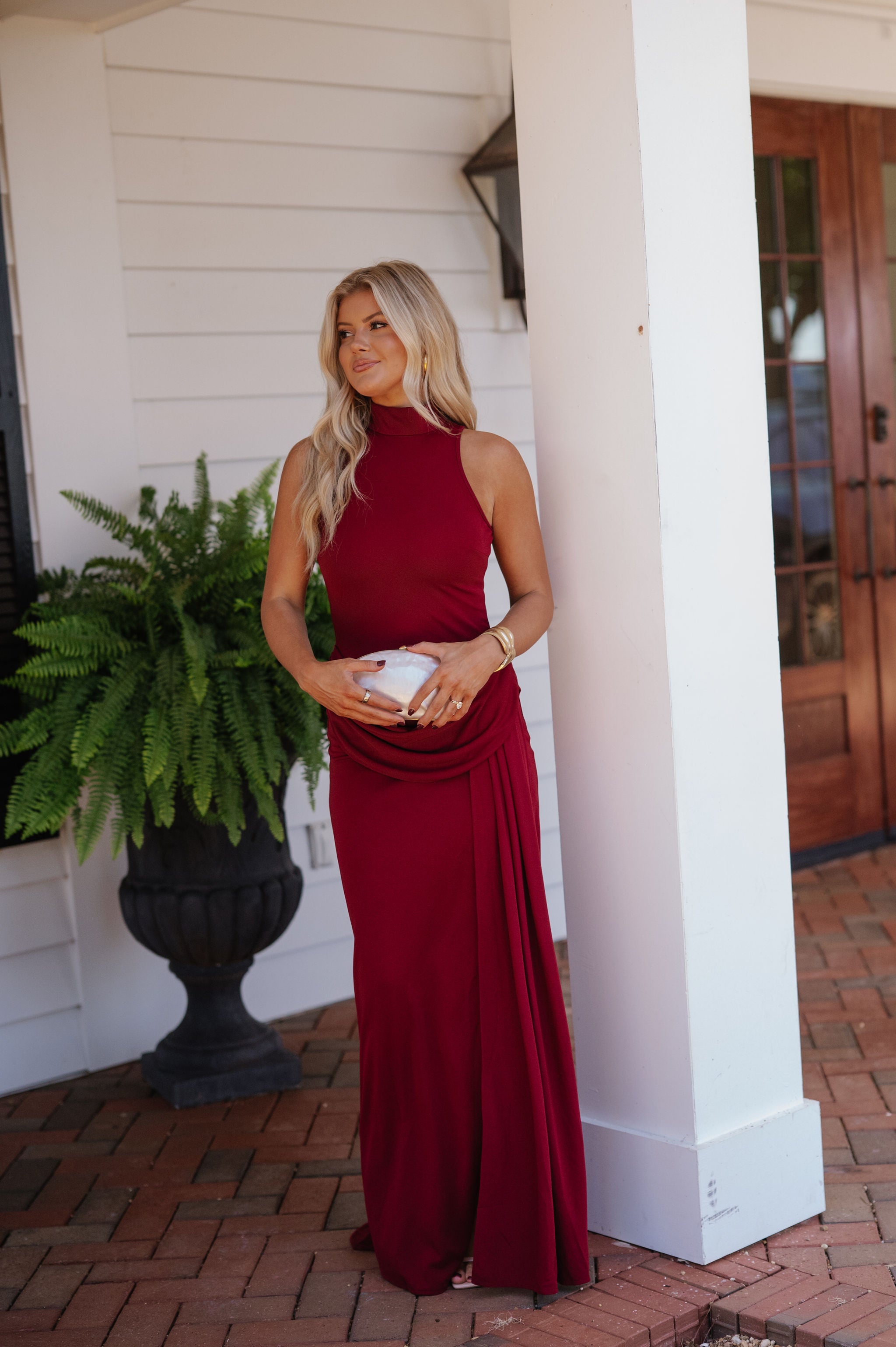 Maia Sleeveless Mock Neck Maxi Dress-Burgundy