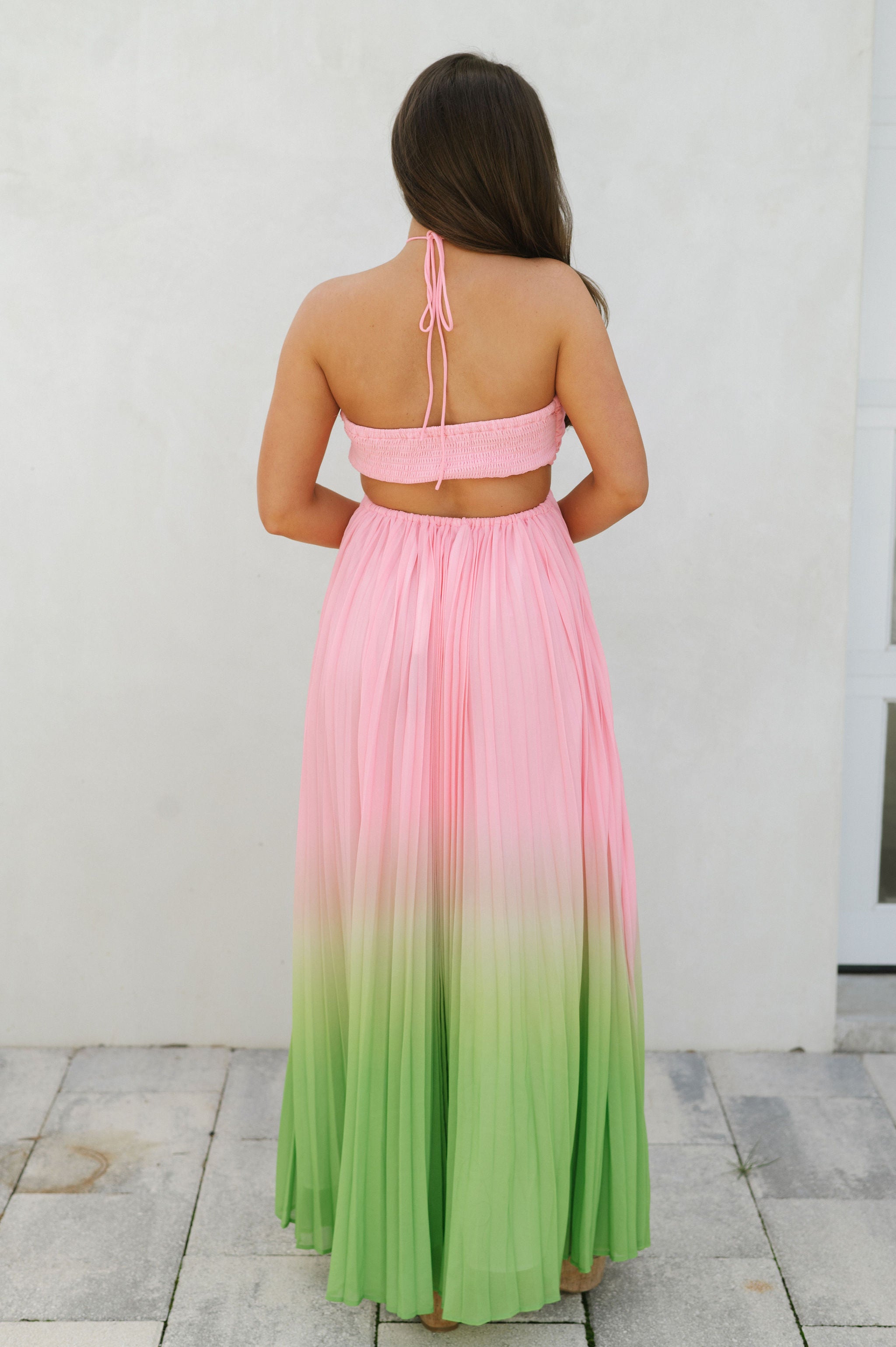 Ruby Pleated Maxi Dress-Pink/Lime