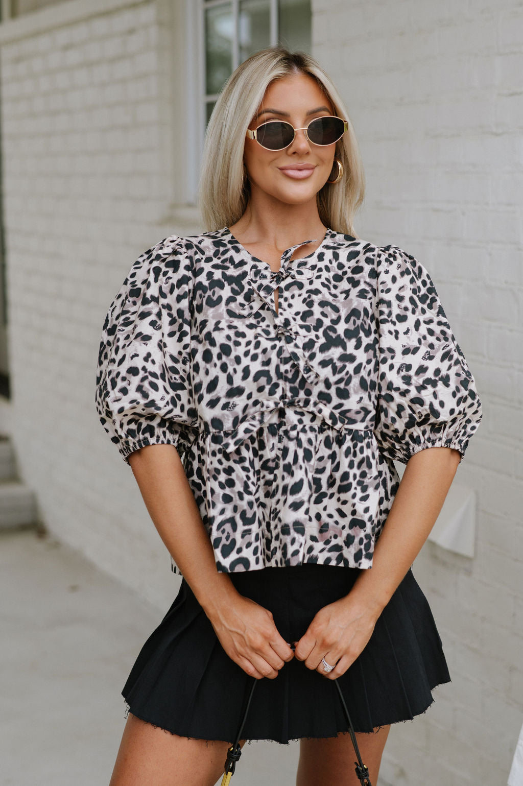 Front Tie Peplum Top-Leopard