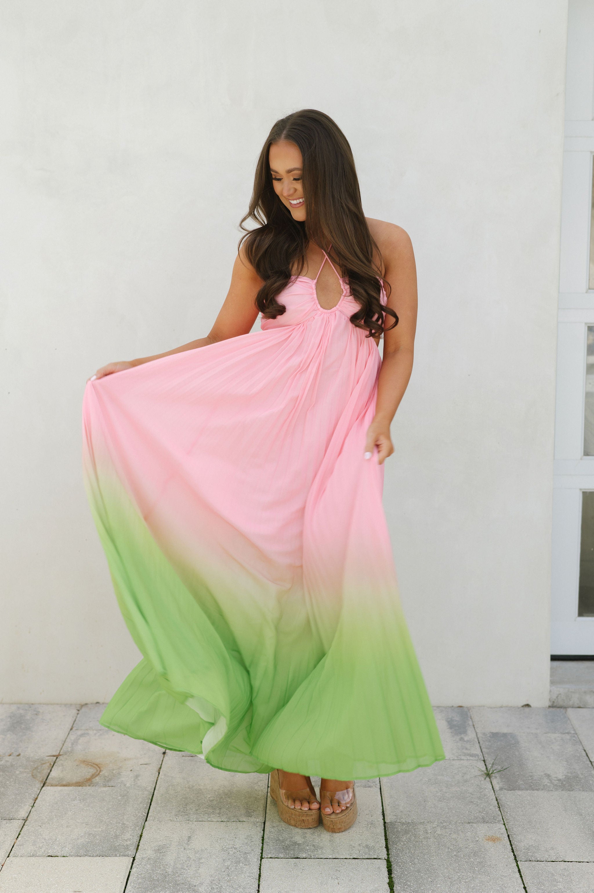 Ruby Pleated Maxi Dress-Pink/Lime