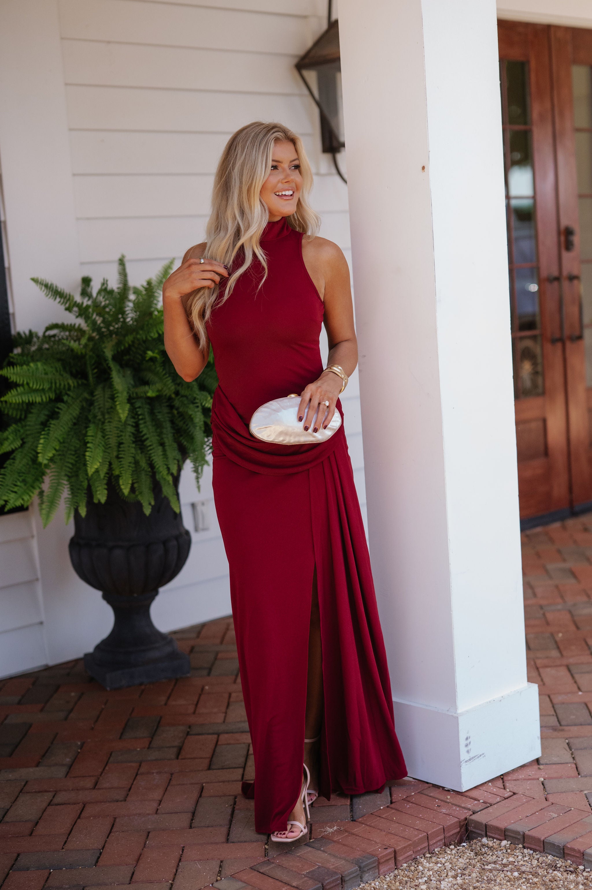 Maia Sleeveless Mock Neck Maxi Dress-Burgundy