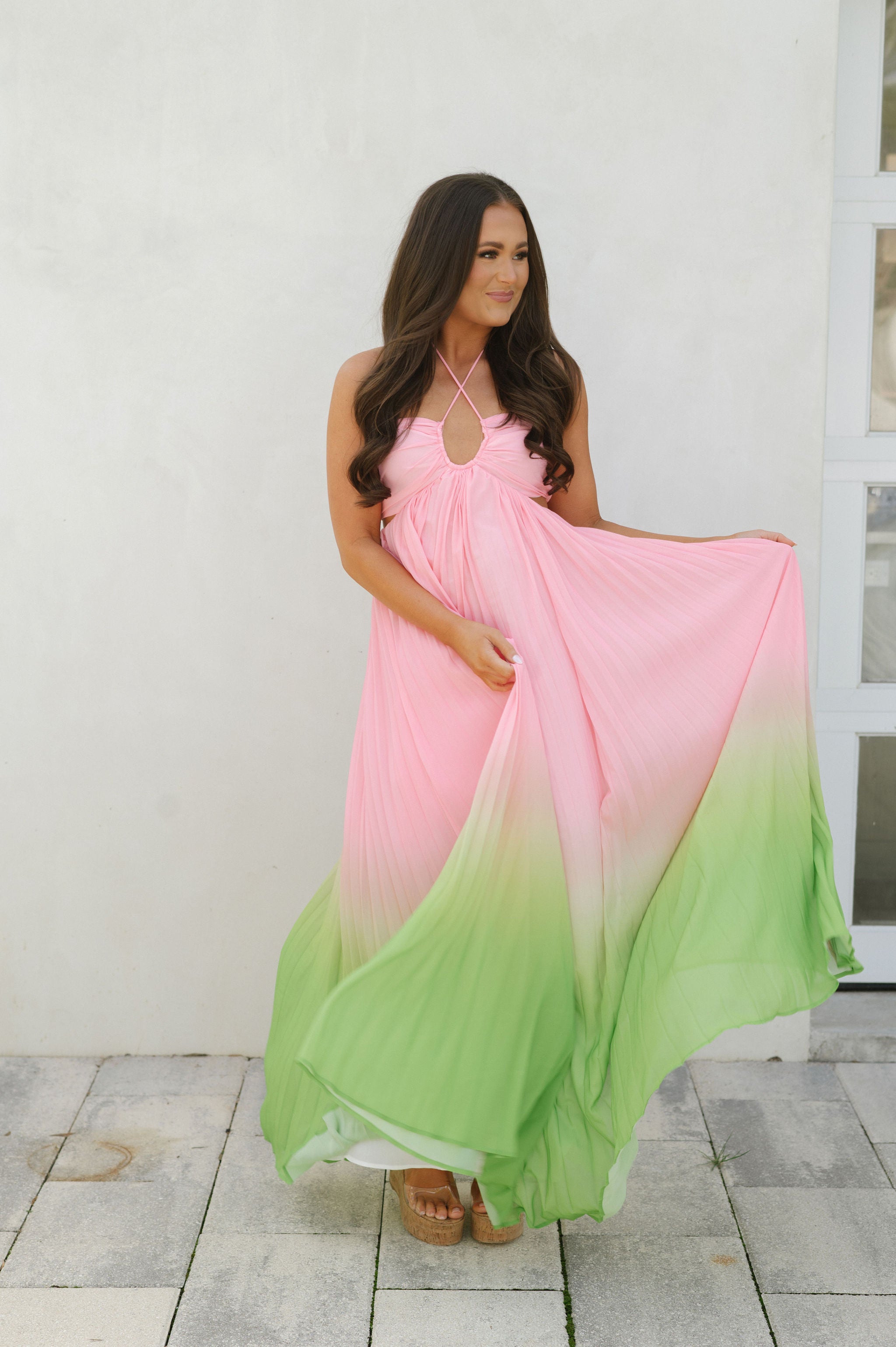 Ruby Pleated Maxi Dress-Pink/Lime