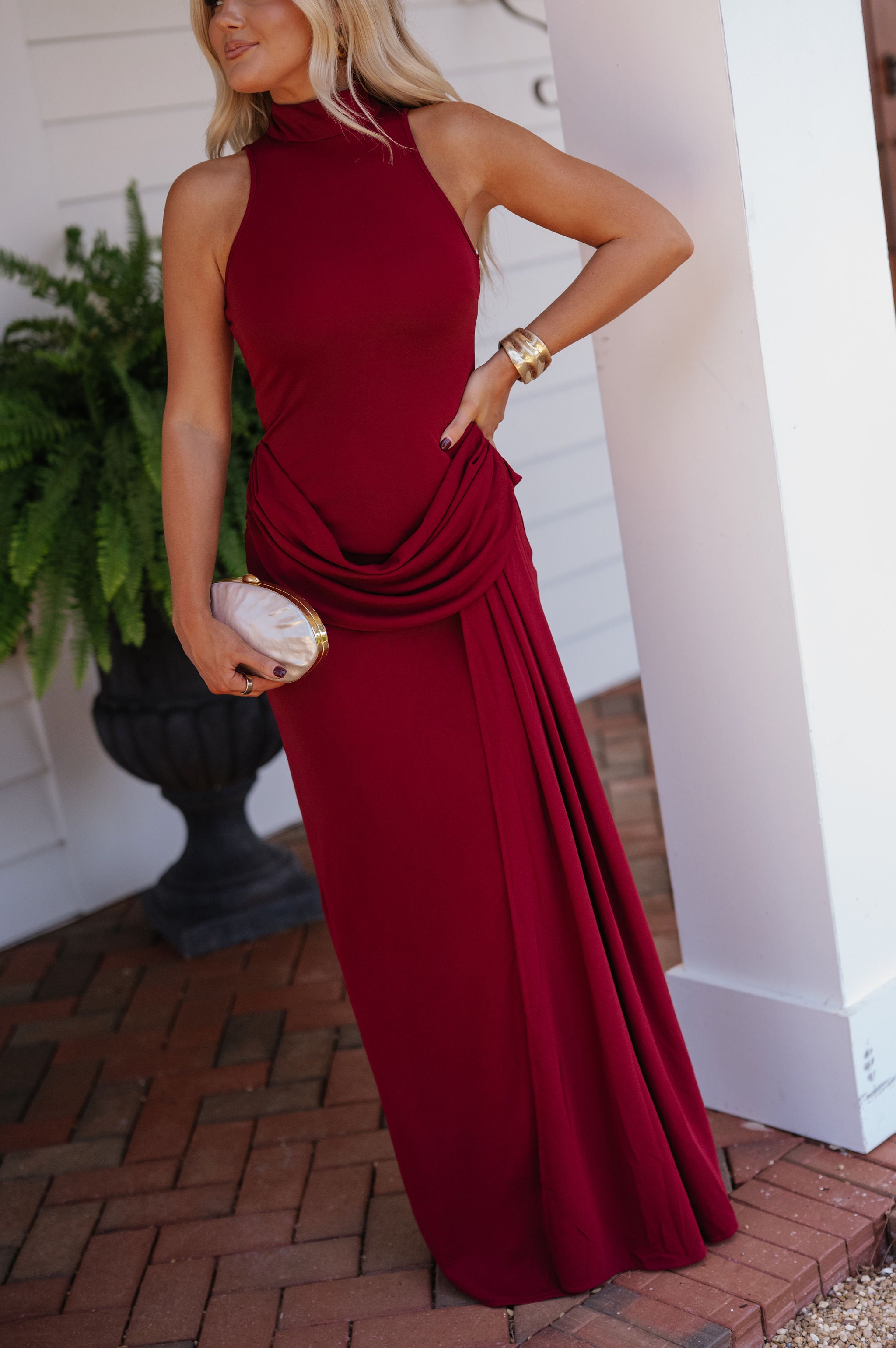 Maia Sleeveless Mock Neck Maxi Dress-Burgundy