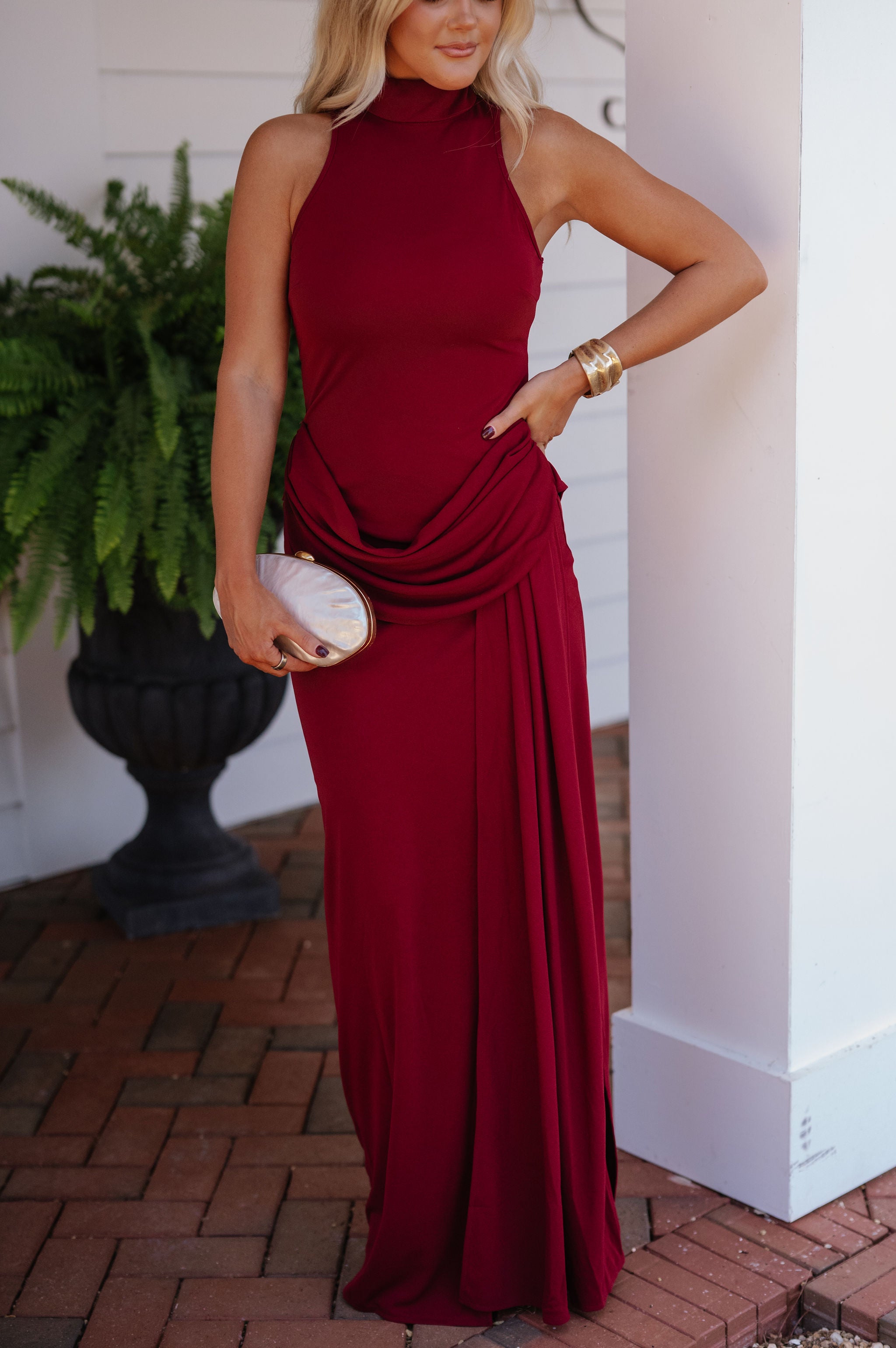 Maia Sleeveless Mock Neck Maxi Dress-Burgundy